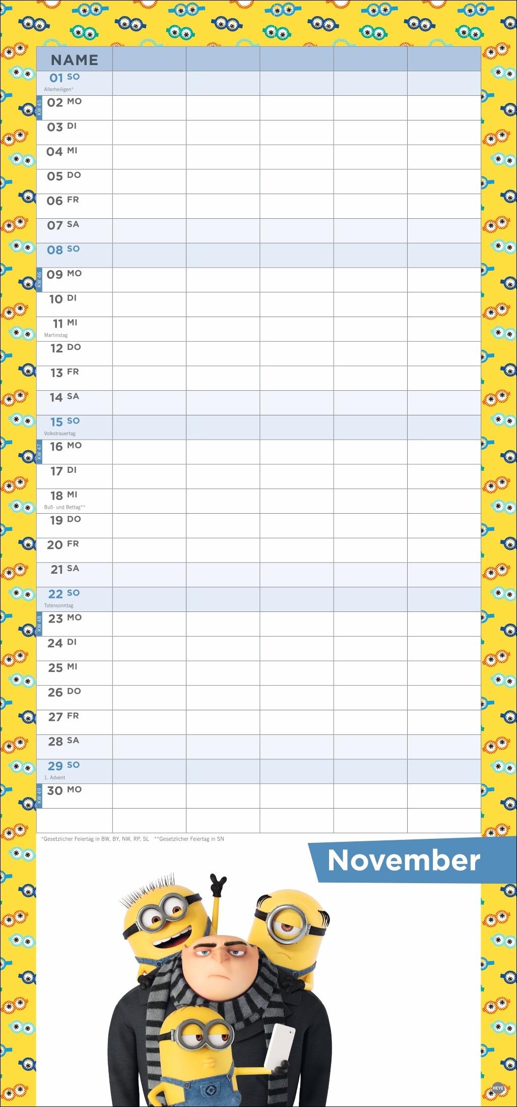 Beispielinhalt (Bild) Minions Familienplaner 2026