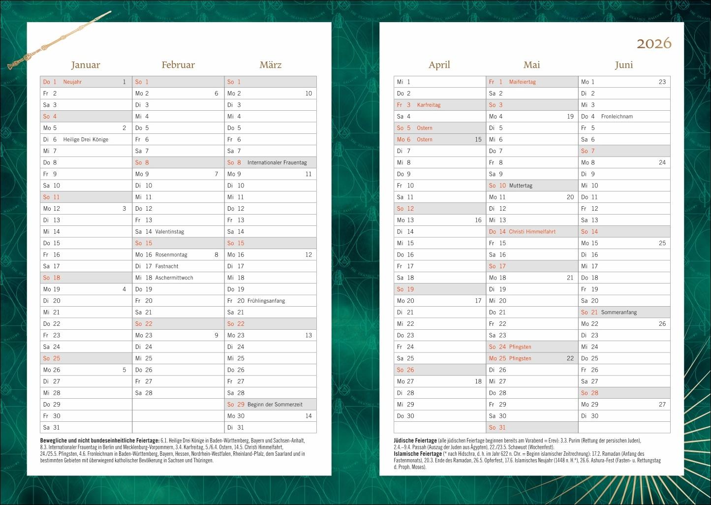 Beispielinhalt (Bild) Harry Potter Schülerkalender A5 2026 - 17 Monate ab August 2025