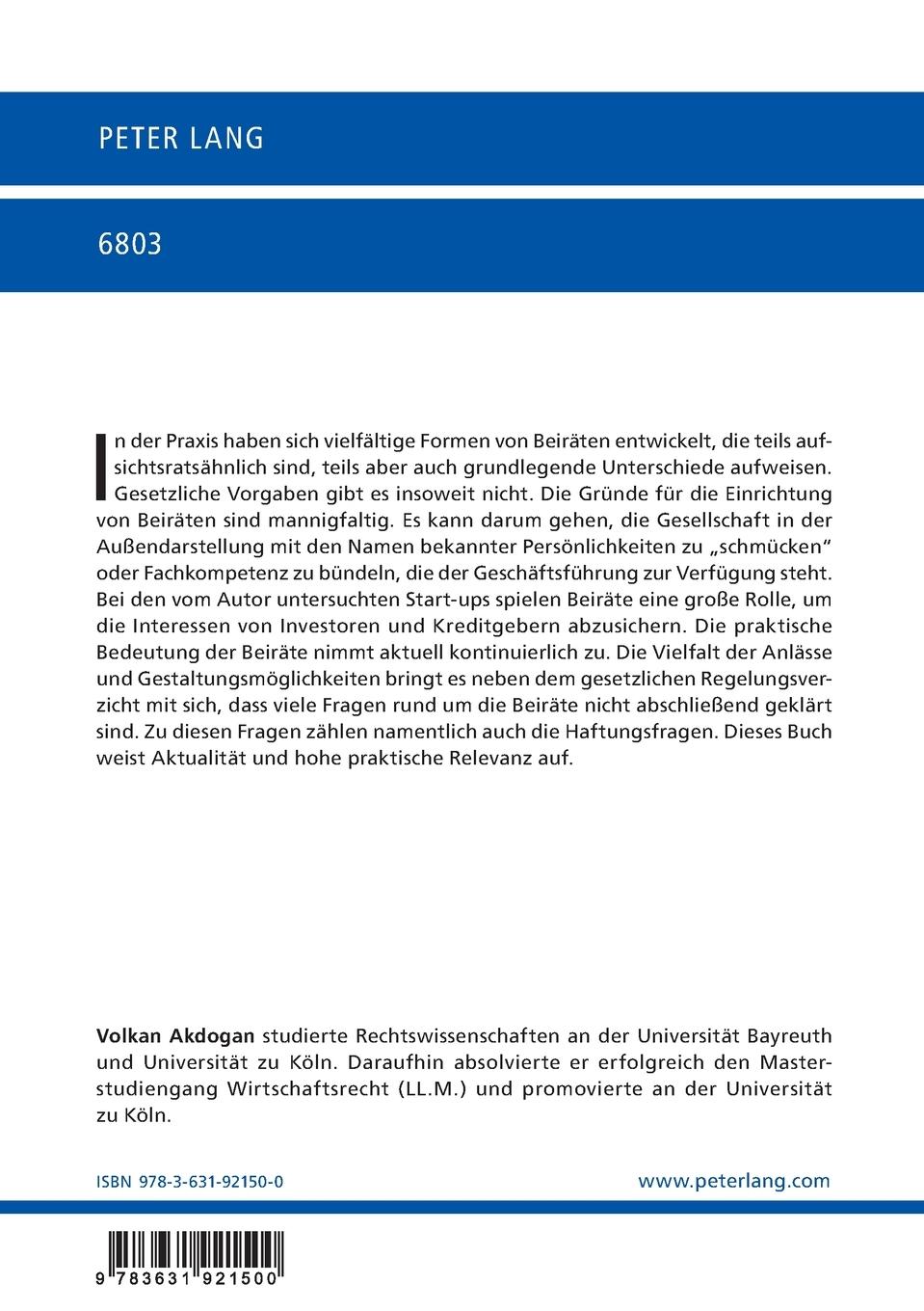 Rückseitencover Die Haftung des Beirats in einer Start-up-GmbH
