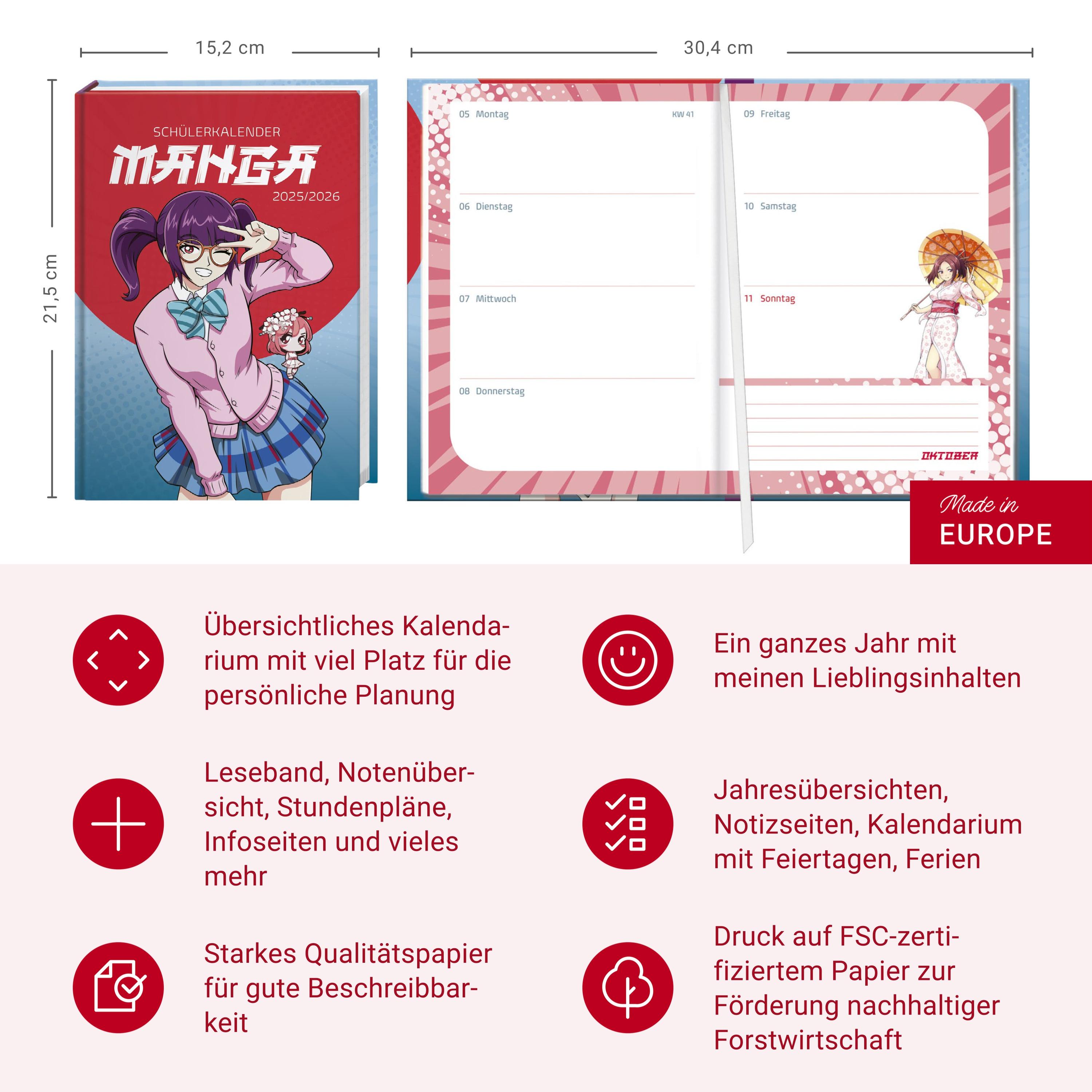 Beispielinhalt (Bild) Manga Schülerkalender A5 2025/2026 - 17 Monate ab August 2025
