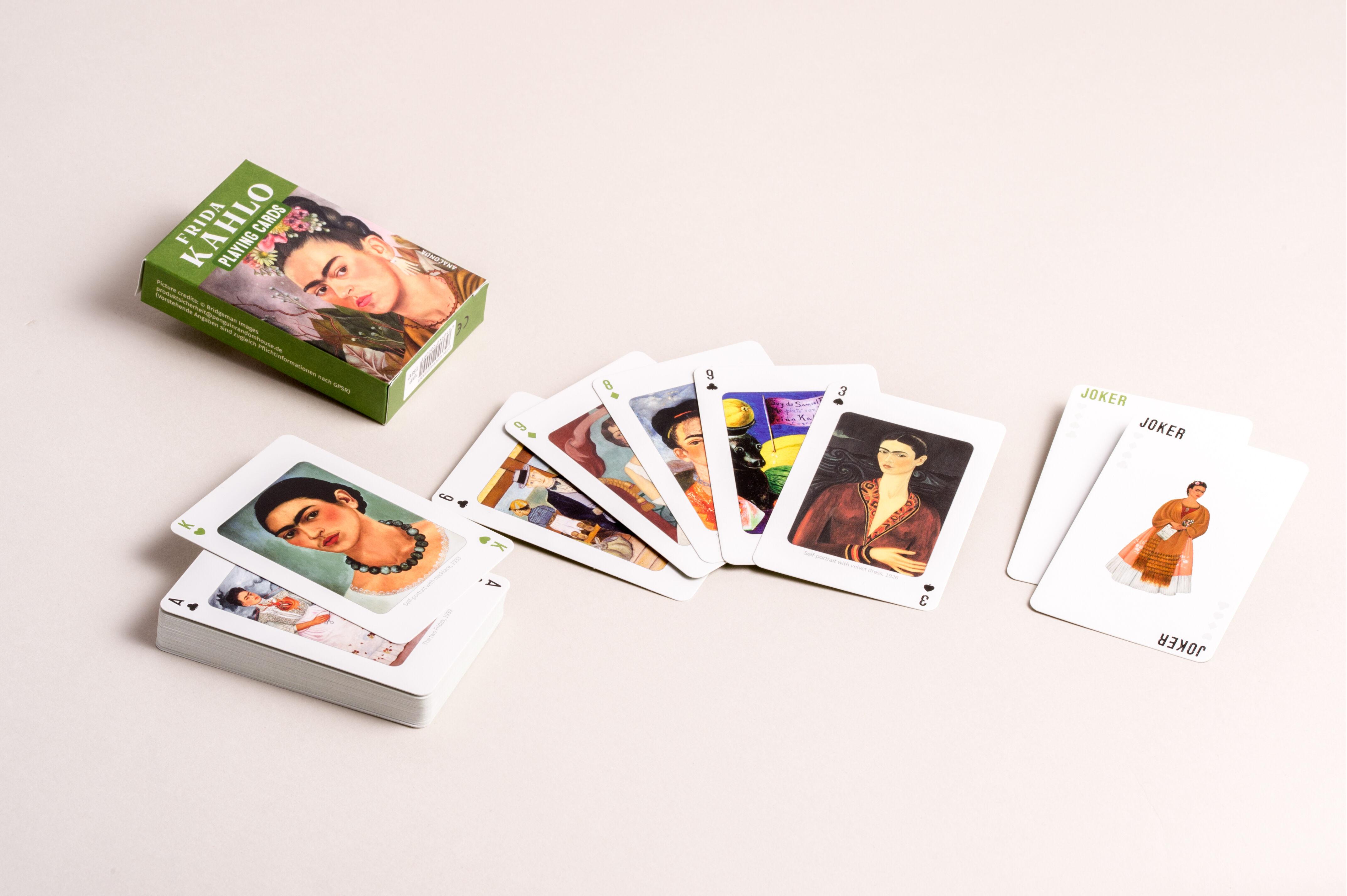 Beispielinhalt (Bild) Kartenspiel Kahlo. 54 Spielkarten mit 53 Kahlo-Motiven