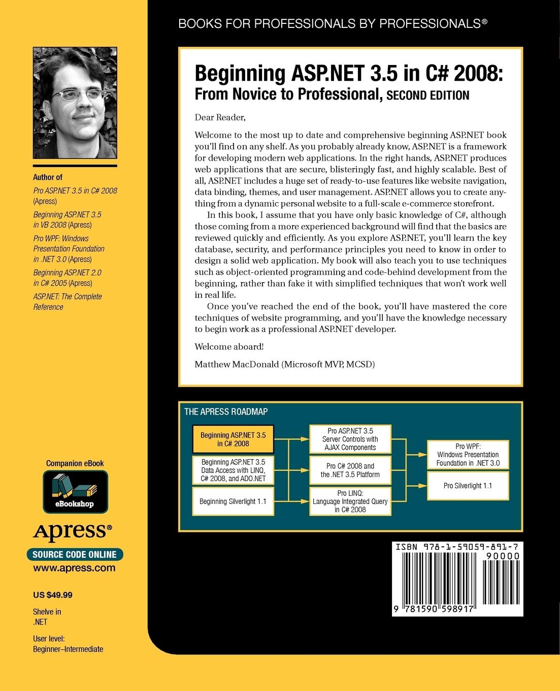 Rückseitencover Beginning ASP.Net 3.5 in C# 2008