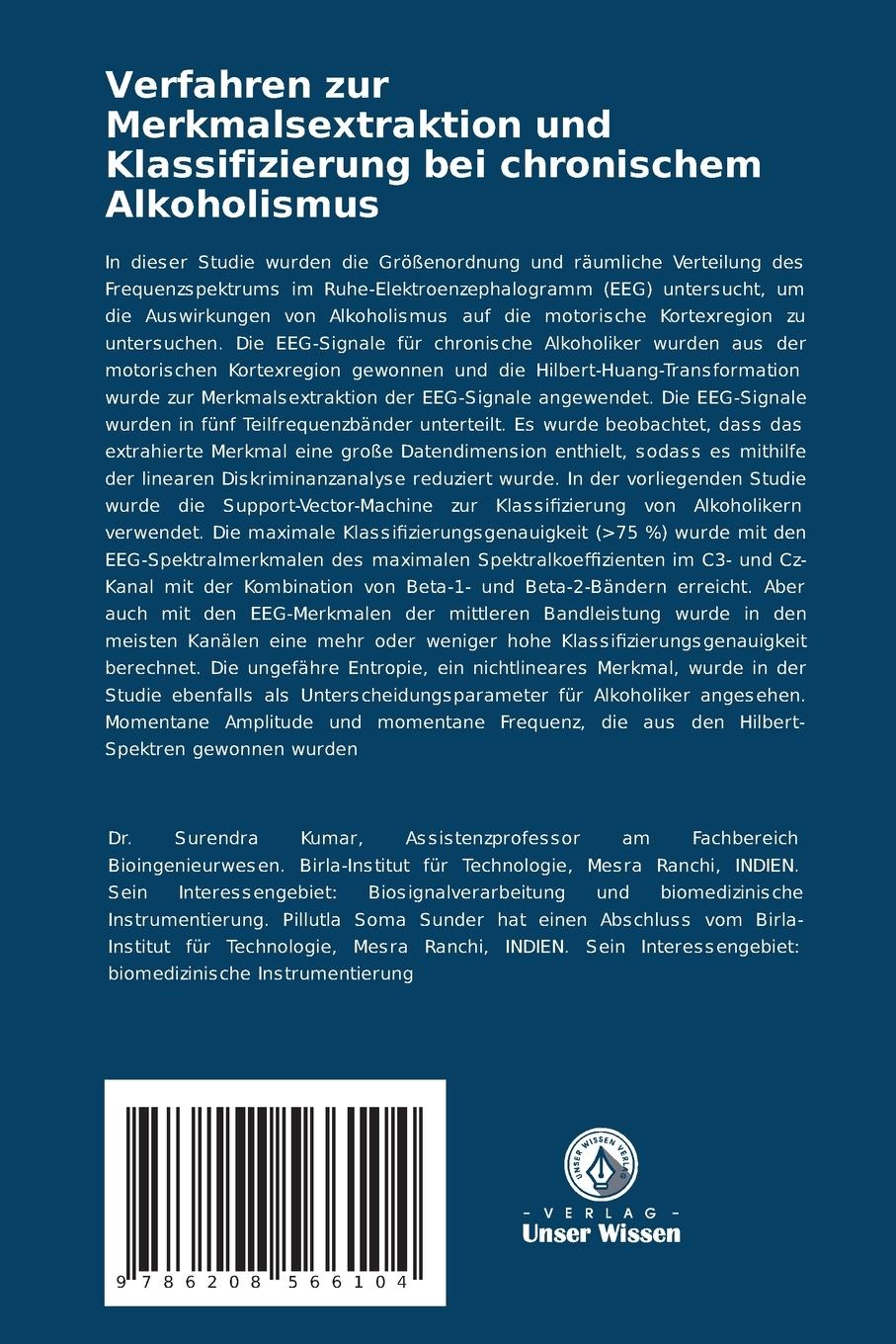 Rückseitencover Verfahren zur Merkmalsextraktion und Klassifizierung bei chronischem Alkoholismus