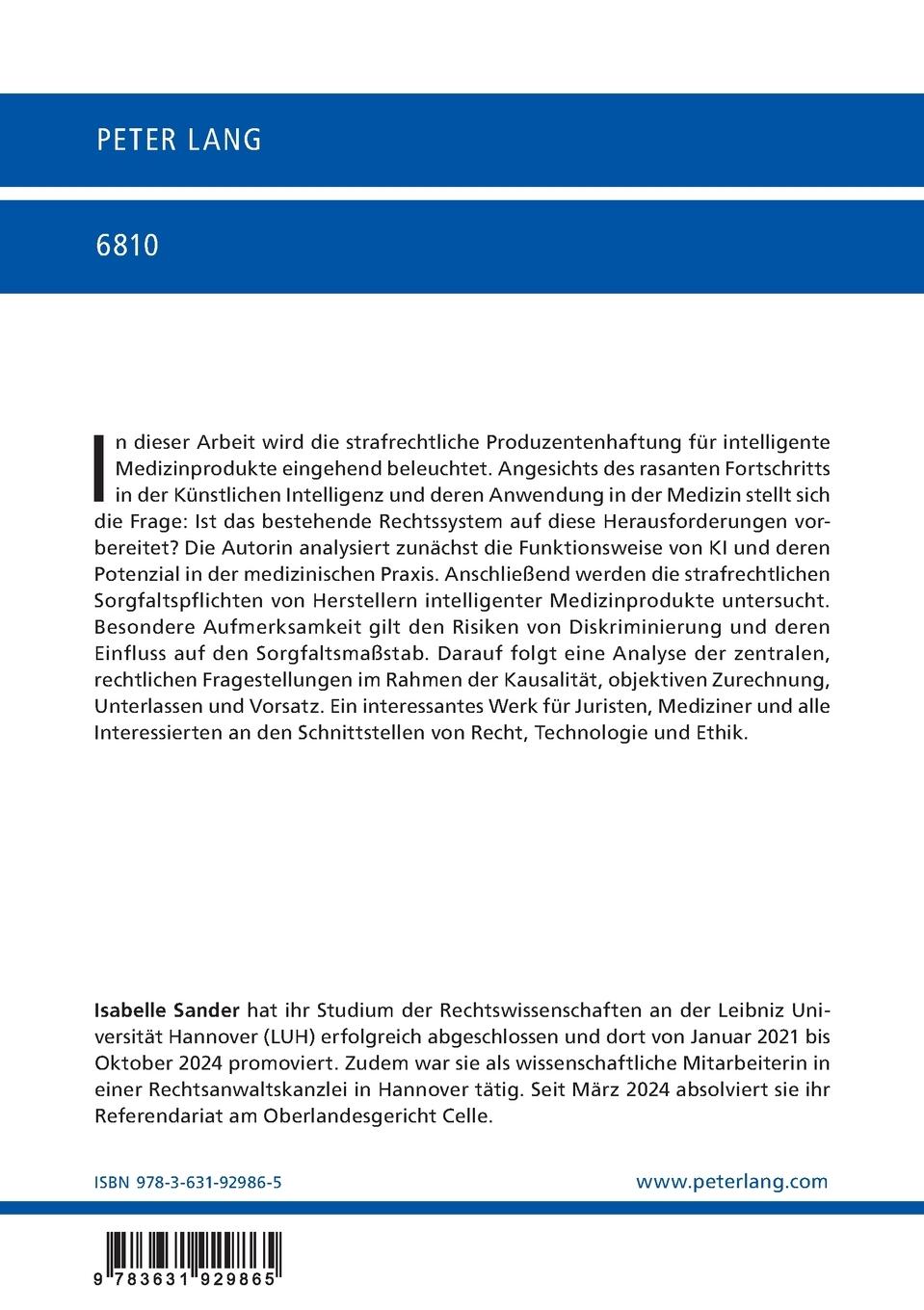 Rückseitencover Die strafrechtliche Produzentenhaftung für intelligente Medizinprodukte