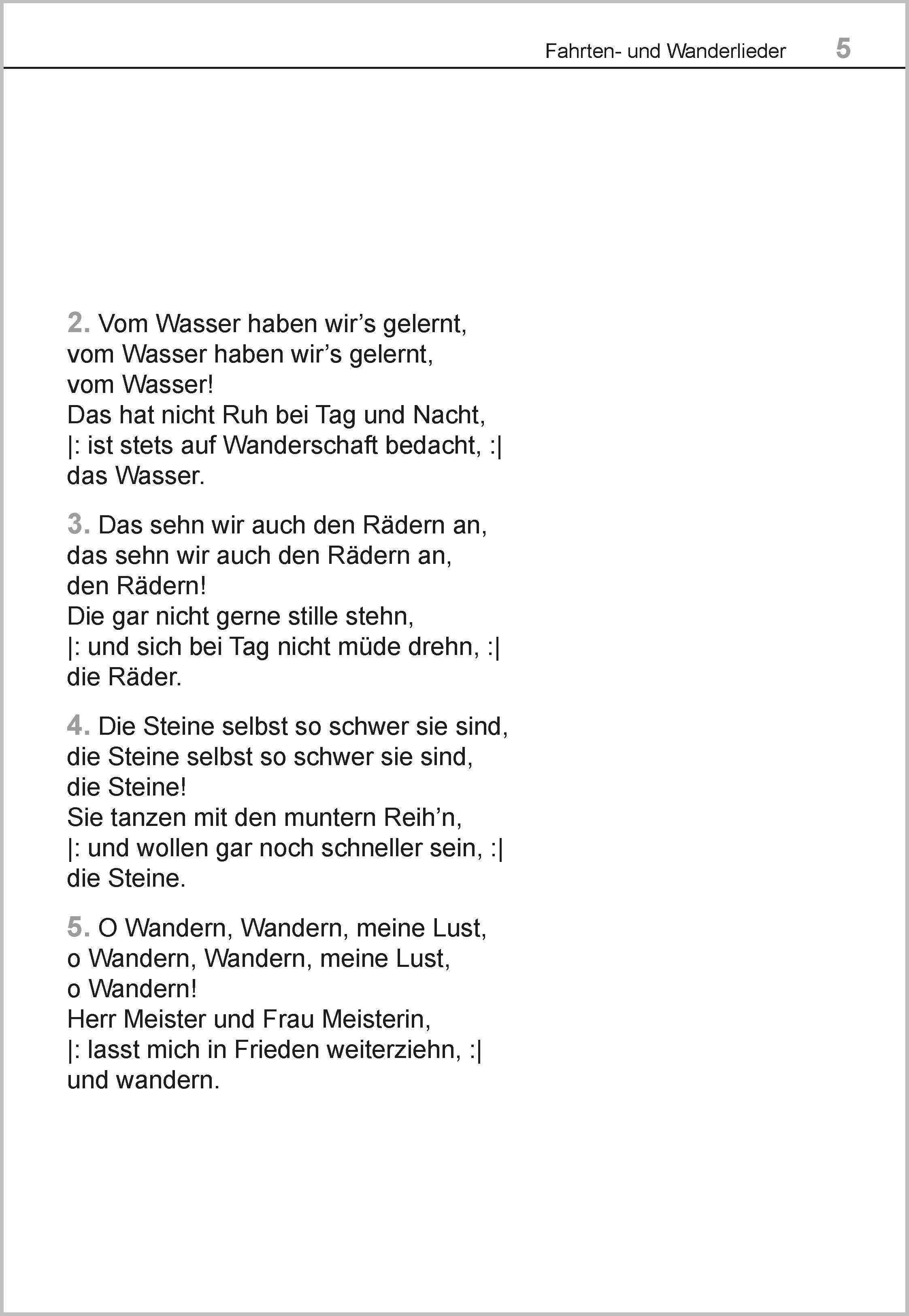 Beispielinhalt (Bild) Die schönsten Fahrten- und Wanderlieder. Das Liederbuch für Senioren im Großdruck. Mit Noten