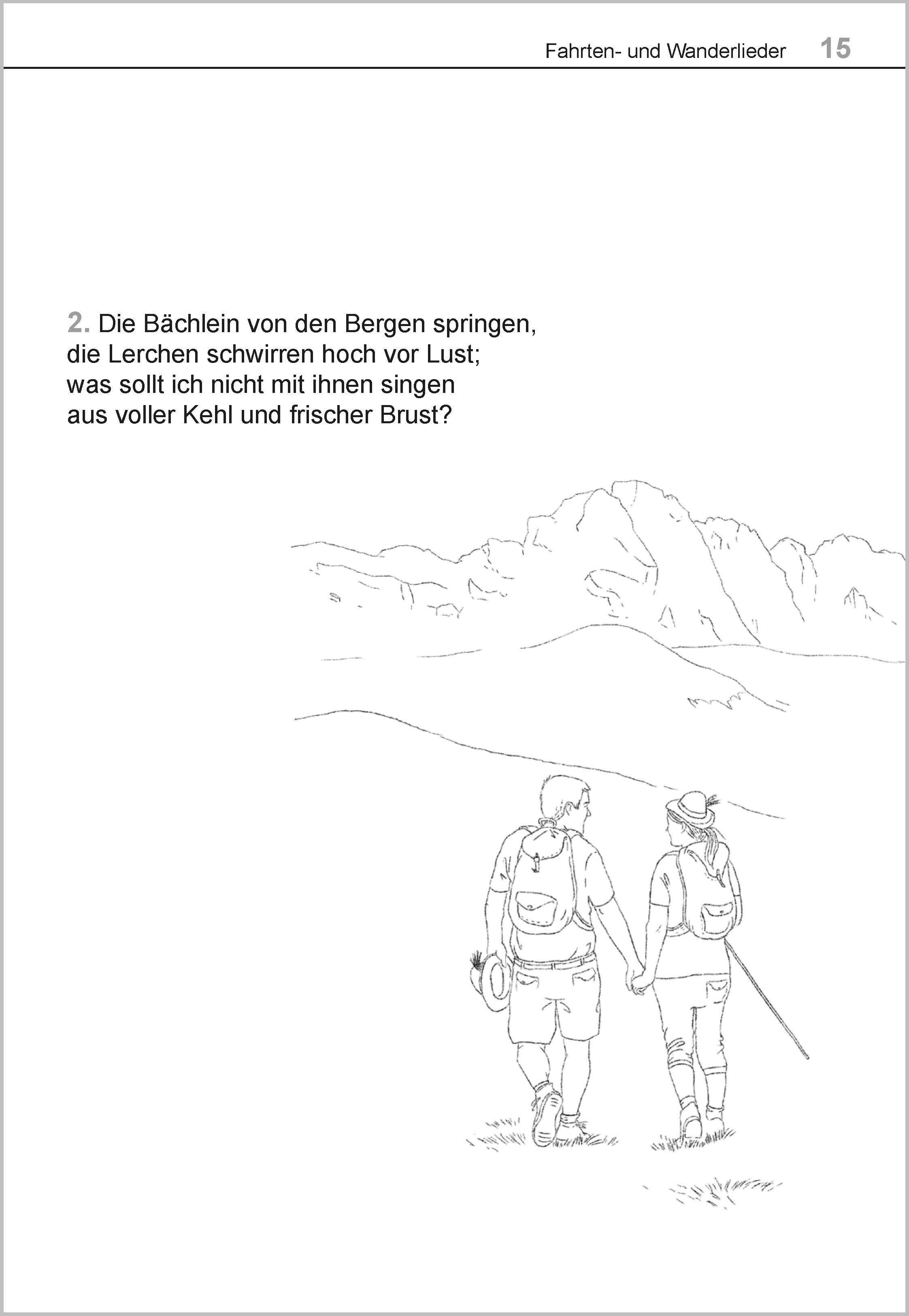 Beispielinhalt (Bild) Die schönsten Fahrten- und Wanderlieder. Das Liederbuch für Senioren im Großdruck. Mit Noten