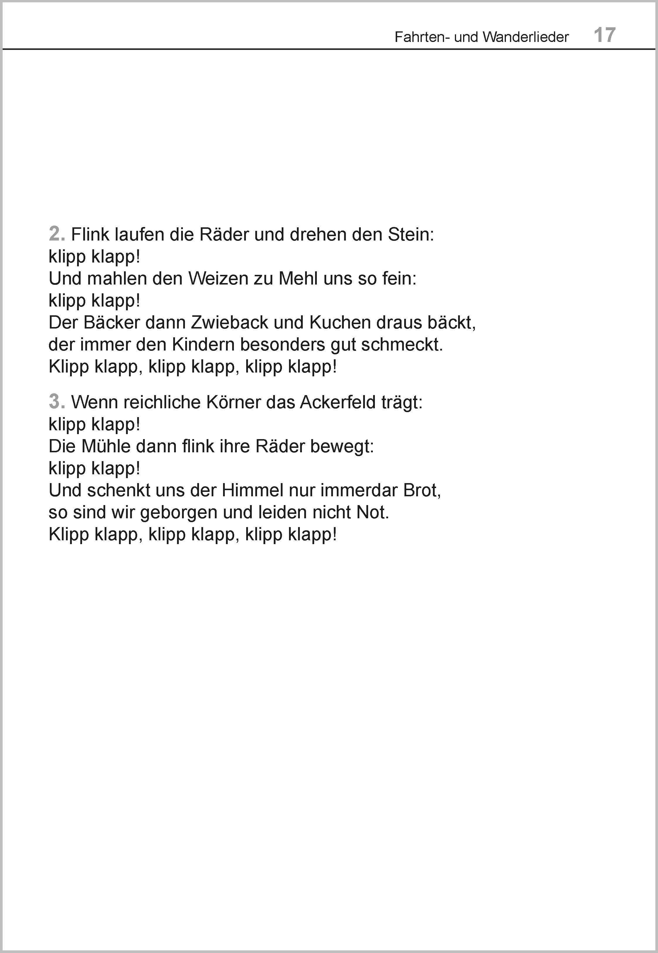 Beispielinhalt (Bild) Die schönsten Fahrten- und Wanderlieder. Das Liederbuch für Senioren im Großdruck. Mit Noten
