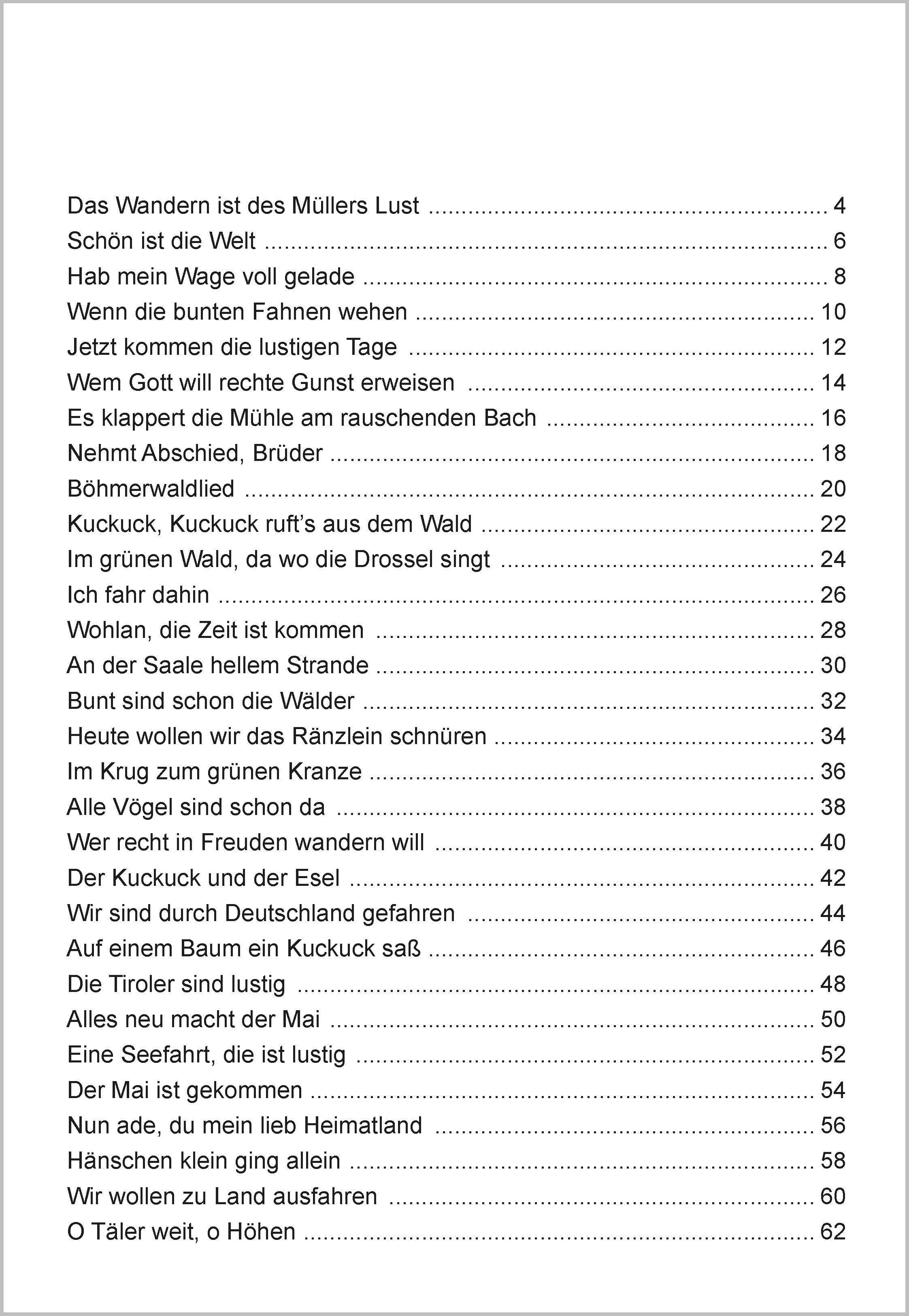 Beispielinhalt (Bild) Die schönsten Fahrten- und Wanderlieder. Das Liederbuch für Senioren im Großdruck. Mit Noten