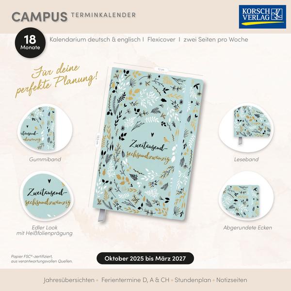 Beispielinhalt (Bild) Terminkalender Campus Mint Flowers 18 Monate 2026/2027