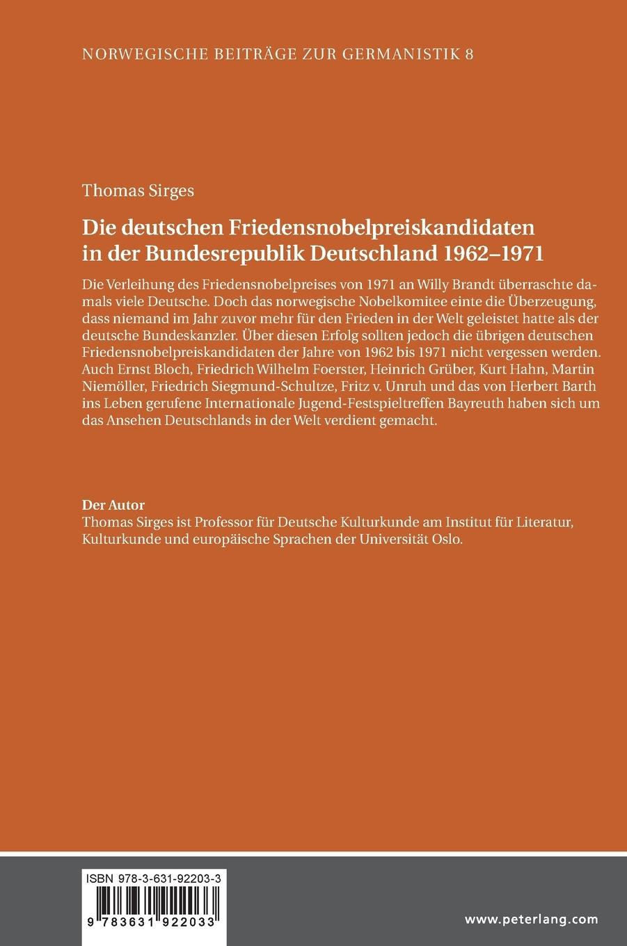 Rückseitencover Die deutschen Friedensnobelpreiskandidaten in der Bundesrepublik Deutschland 1962-1971