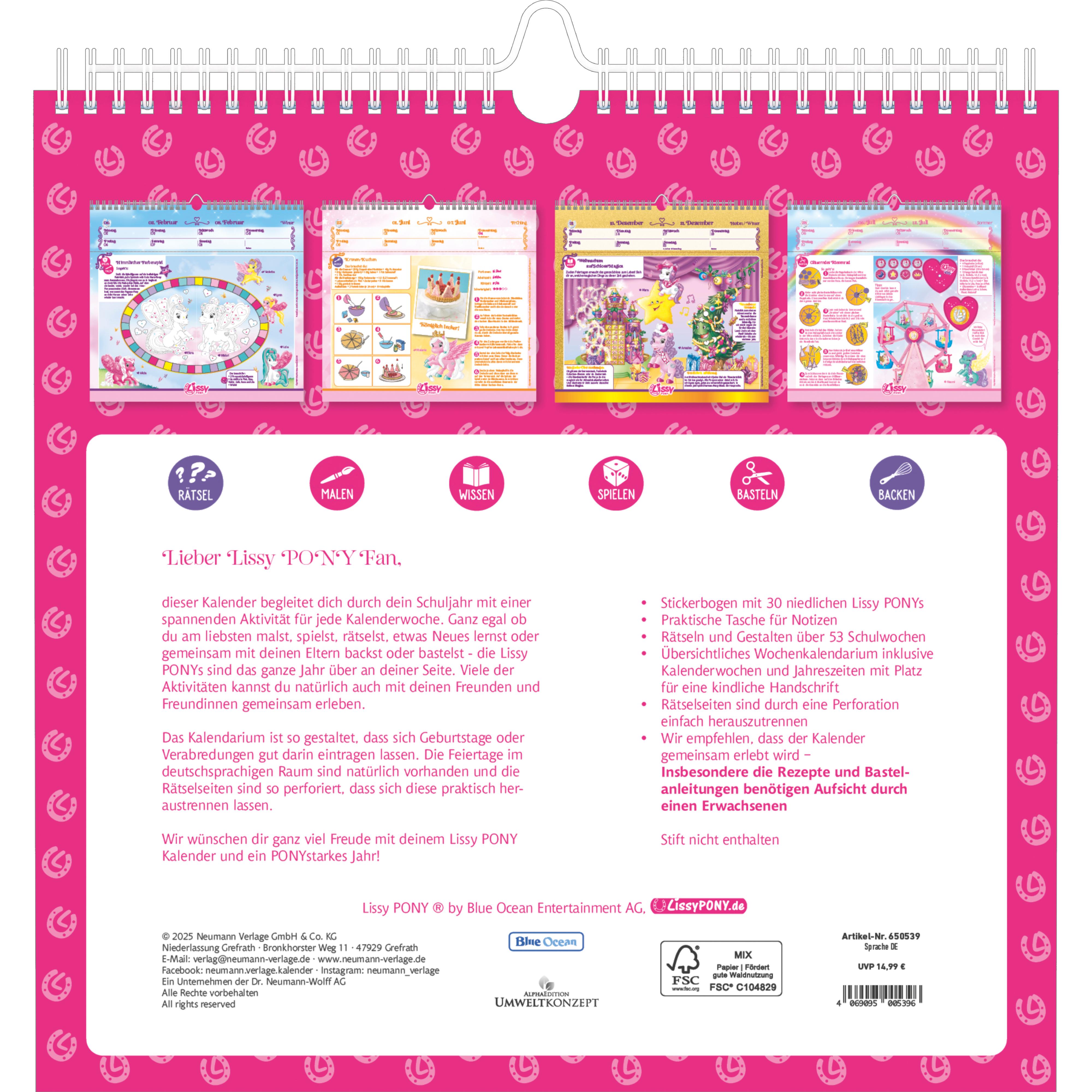 Rückseitencover Mein traumhafter Lissy Pony Kalender - mit 53 Blättern zum basteln, malen und rätseln -  mit Glitzerstickern