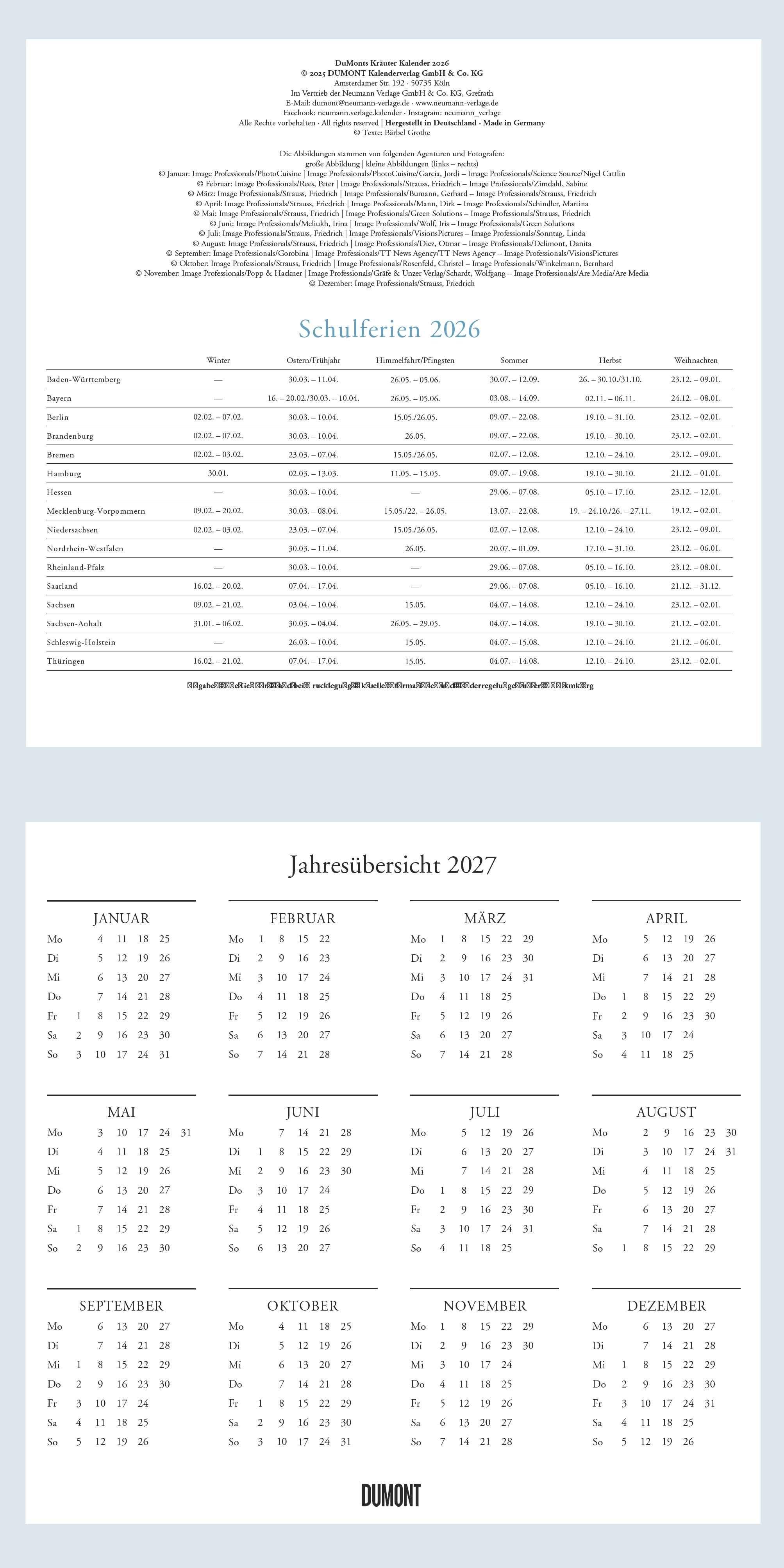 Beispielinhalt (Bild) DUMONT - DUMONTS Kräuter Kalender 2026 Broschürenkalender, 30x30cm, Wandkalender mit Texten, Rezepten und nützlichen Tipps, mit Jahresübersicht 2026 und Schulferientabelle
