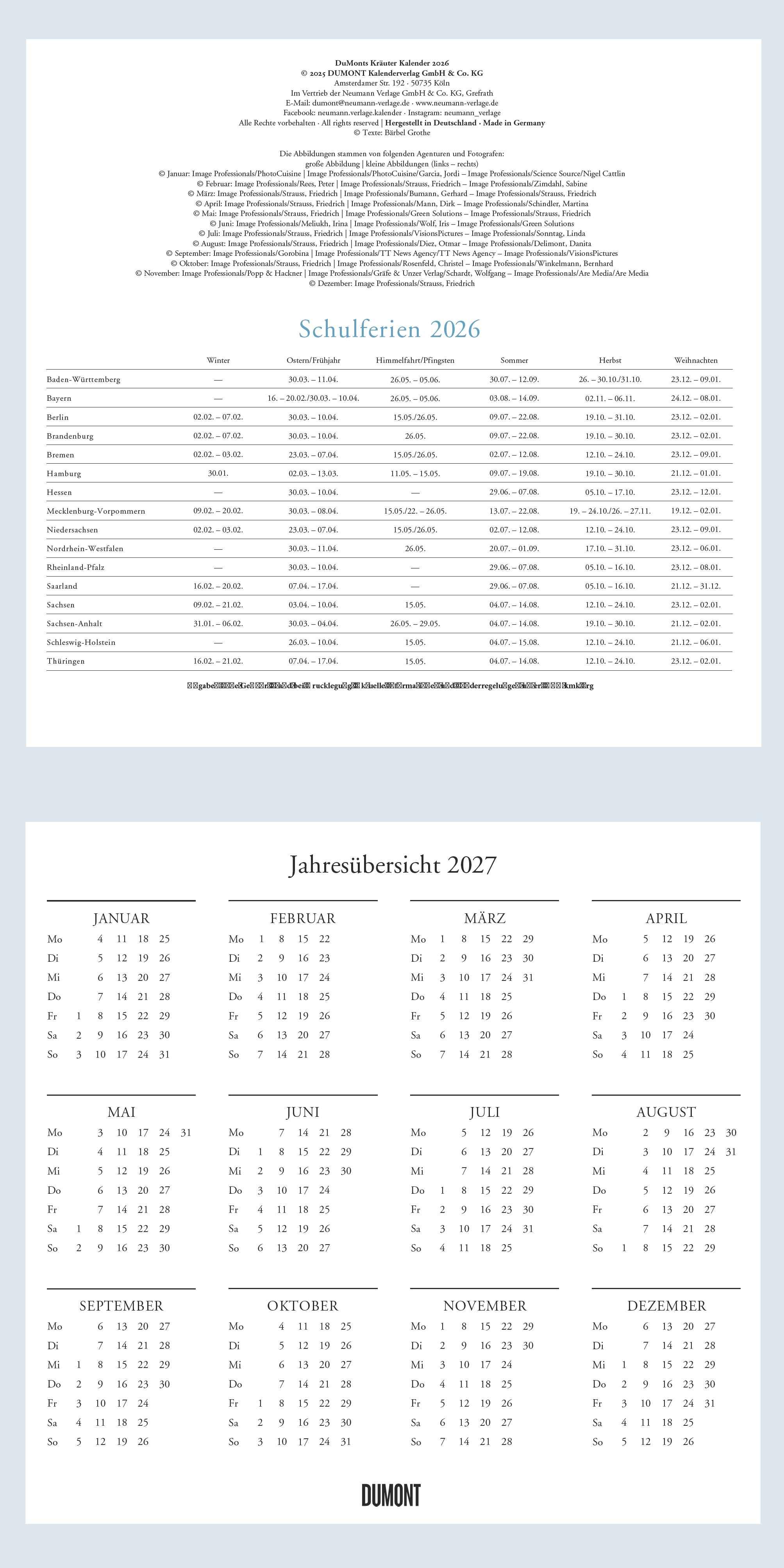 Beispielinhalt (Bild) DUMONT - DUMONTS Kräuter Kalender 2026 Broschürenkalender, 30x30cm, Wandkalender mit Texten, Rezepten und nützlichen Tipps, mit Jahresübersicht 2026 und Schulferientabelle