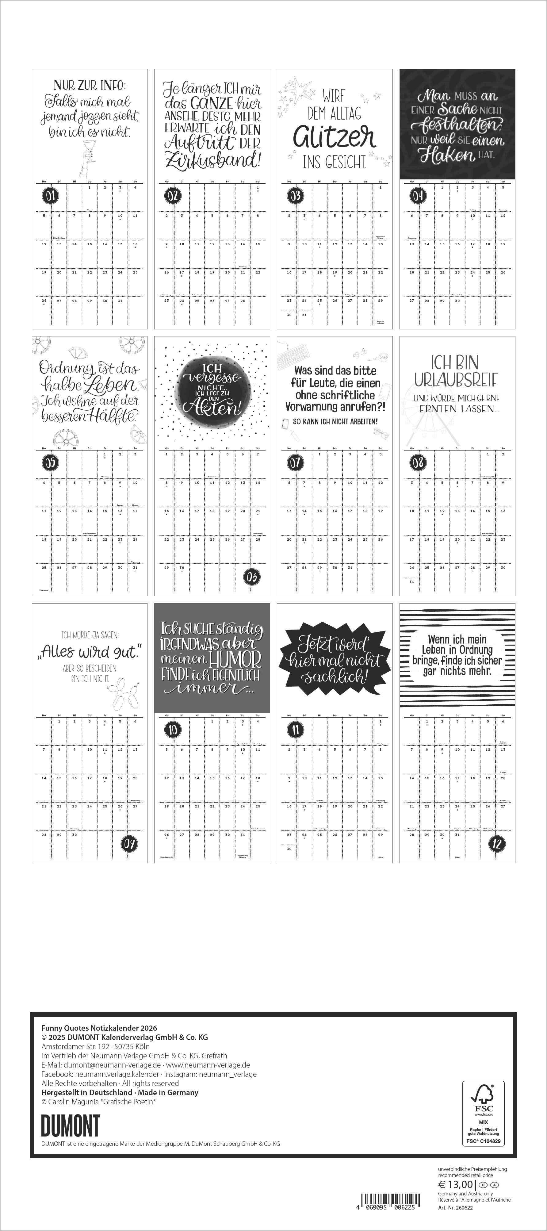 Beispielinhalt (Bild) Funny Quotes Notizkalender 2026 - Typo-Planer - Format 22 x 49,5 cm