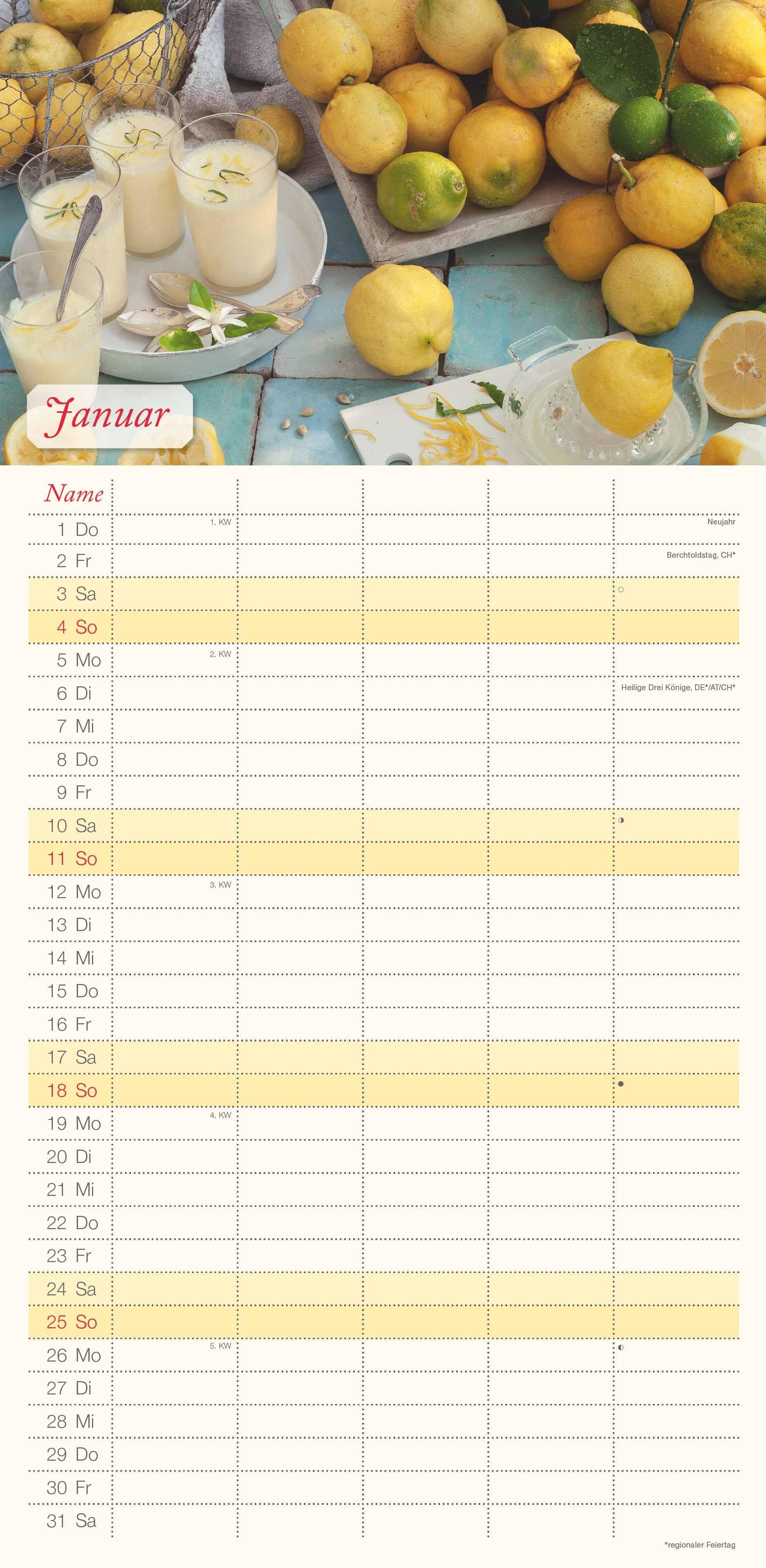 Beispielinhalt (Bild) Familienplaner Küchenglück 2026 - Familien-Timer 22x45 cm - mit Ferienterminen - 5 Spalten