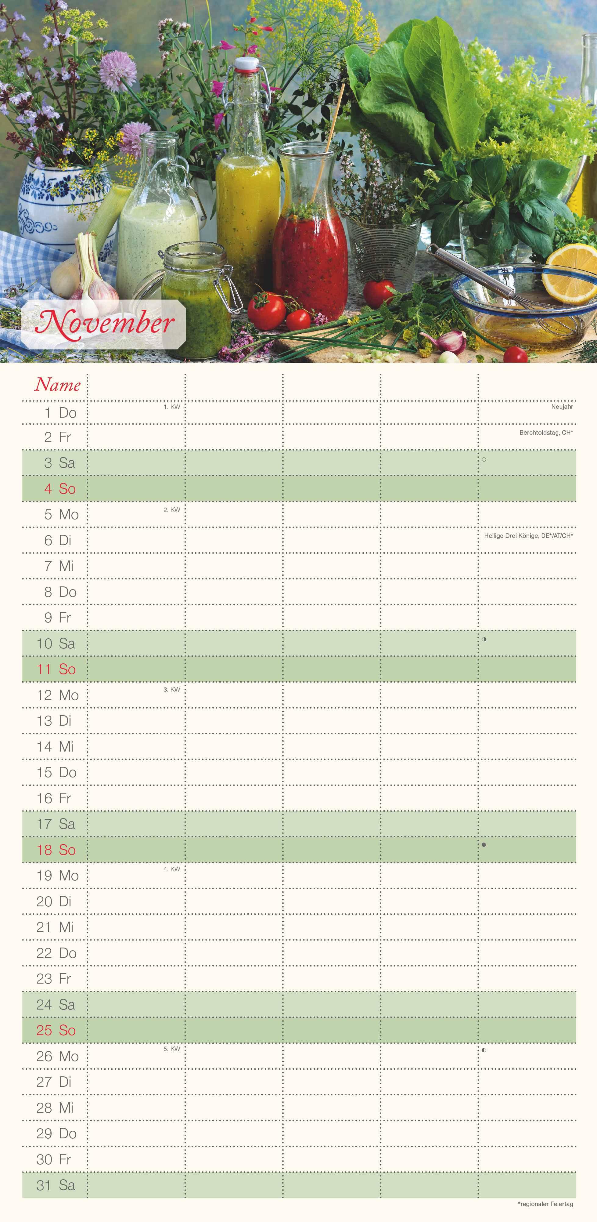 Beispielinhalt (Bild) Familienplaner Küchenglück 2026 - Familien-Timer 22x45 cm - mit Ferienterminen - 5 Spalten