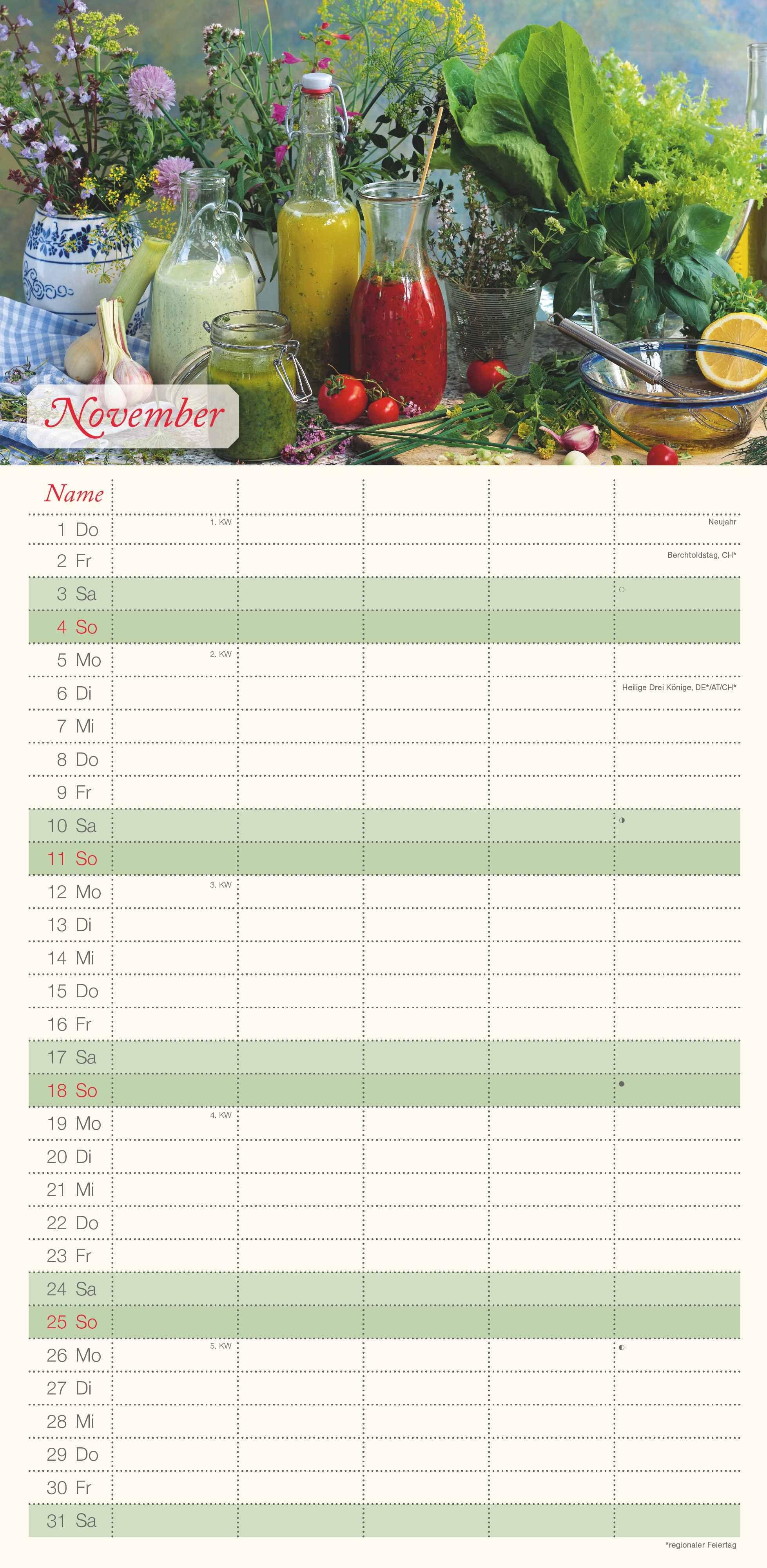 Beispielinhalt (Bild) Familienplaner Küchenglück 2026 - Familien-Timer 22x45 cm - mit Ferienterminen - 5 Spalten