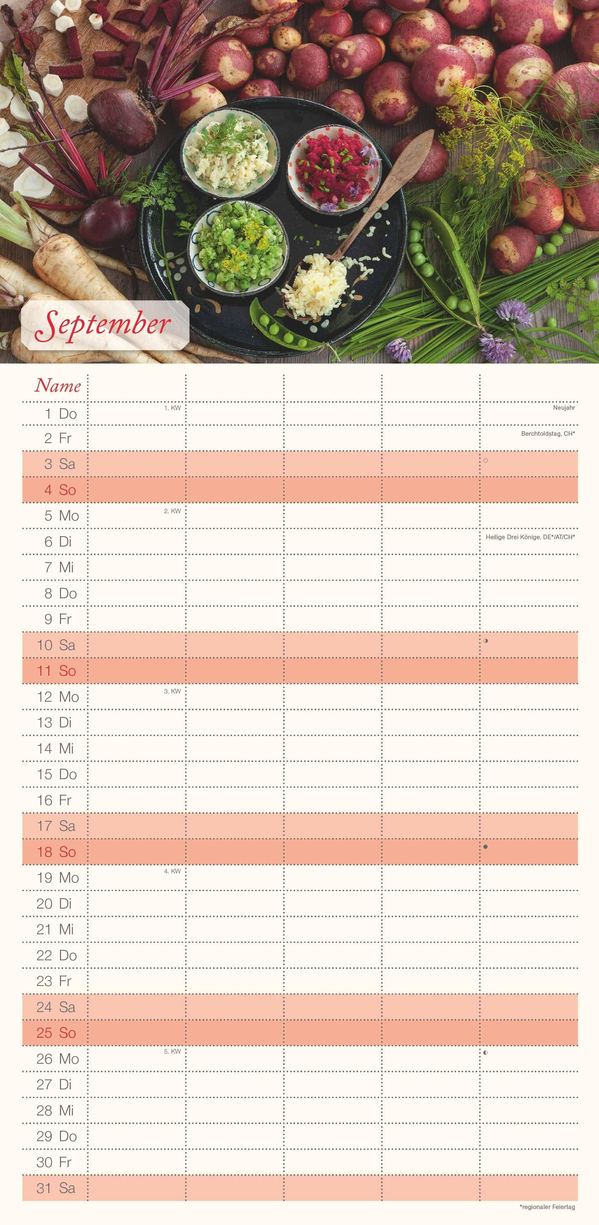 Beispielinhalt (Bild) Familienplaner Küchenglück 2026 - Familien-Timer 22x45 cm - mit Ferienterminen - 5 Spalten