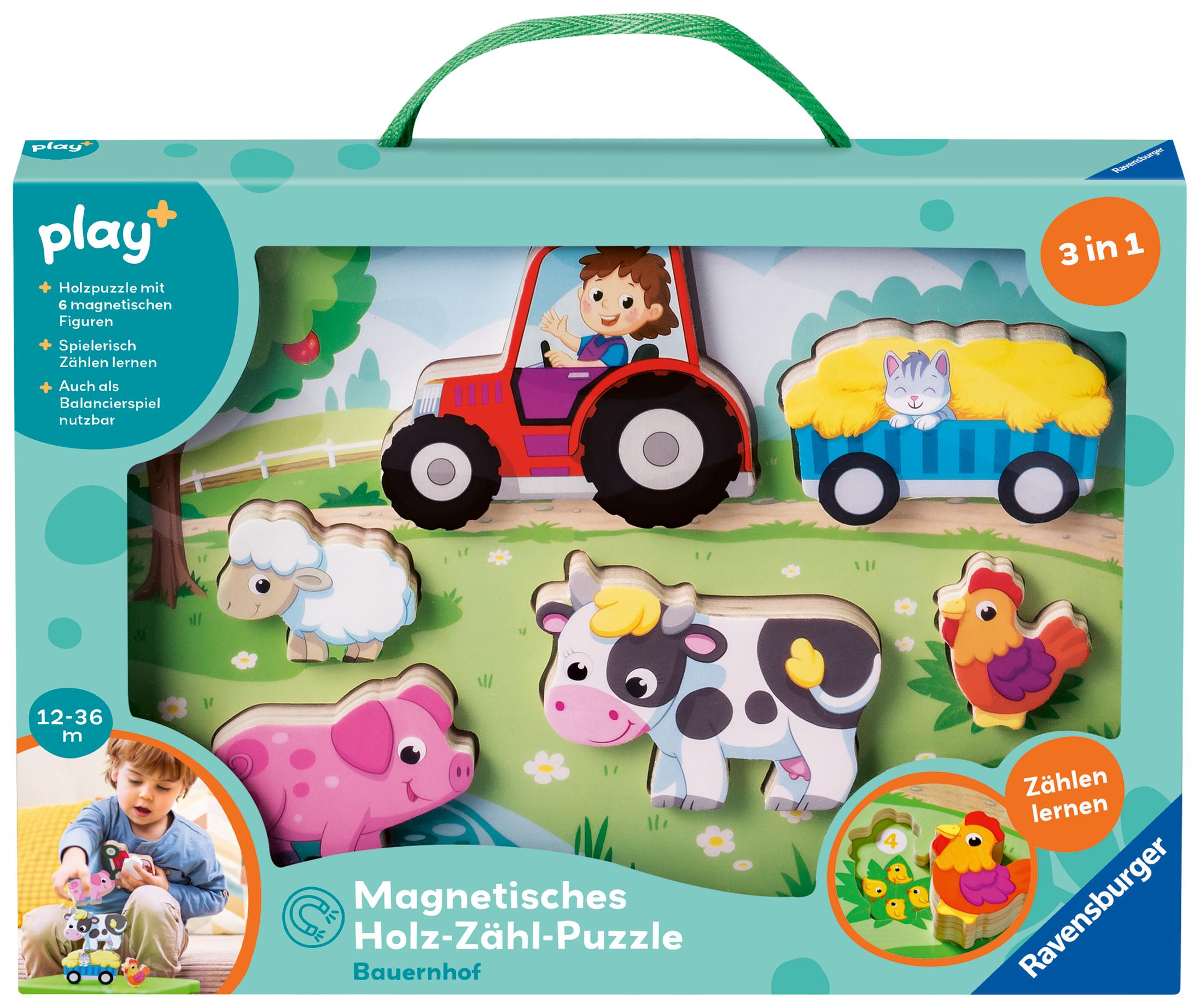 Vorderes Coverbild Play+ Magnetisches Holz-Zähl-Puzzle: Bauernhof - ab 12 Monate