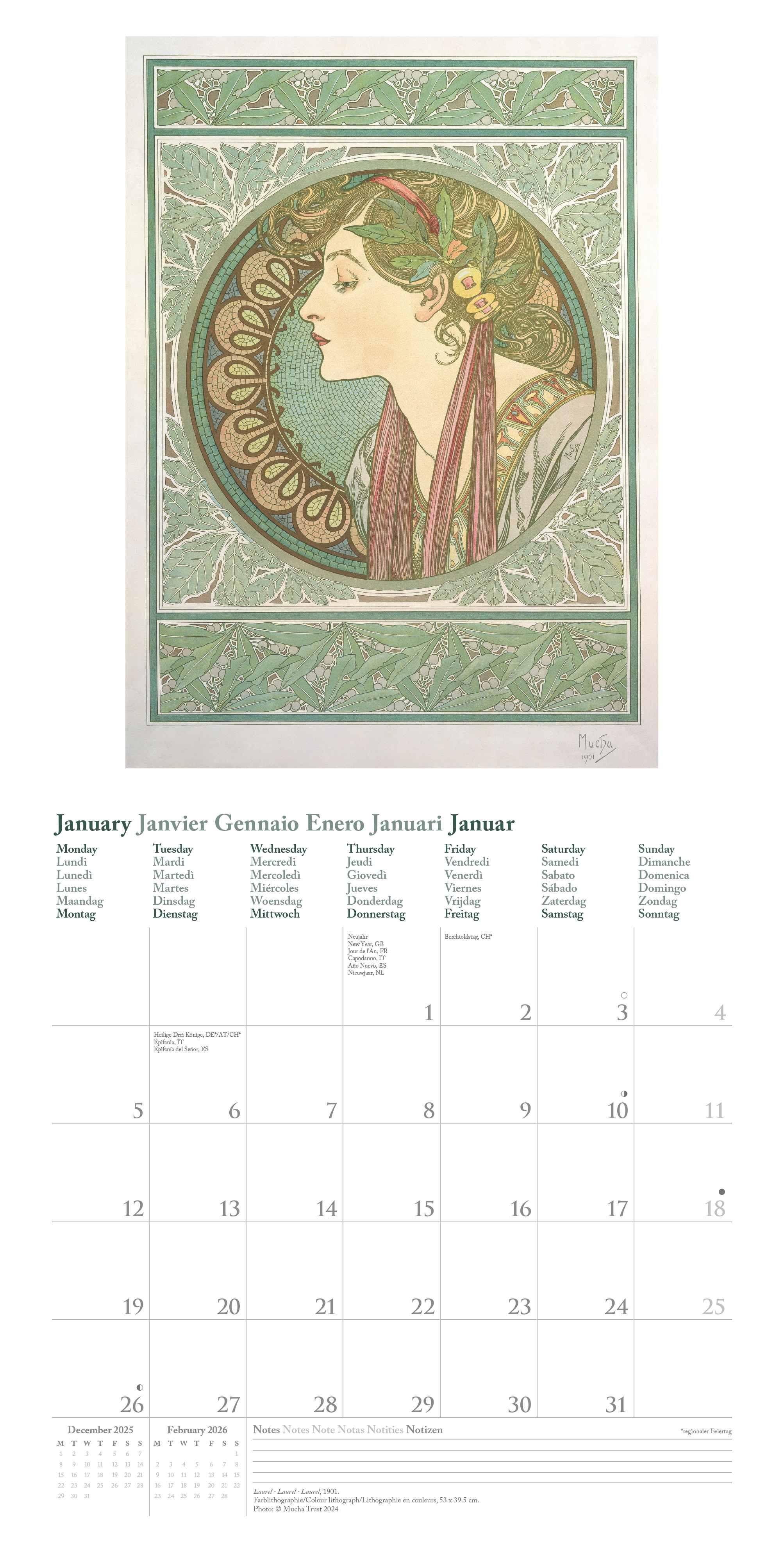 Beispielinhalt (Bild) Mucha 2026 - Wand-Kalender - Broschüren-Kalender - 30x30 -30x60 geöffnet - Kunst-Kalender