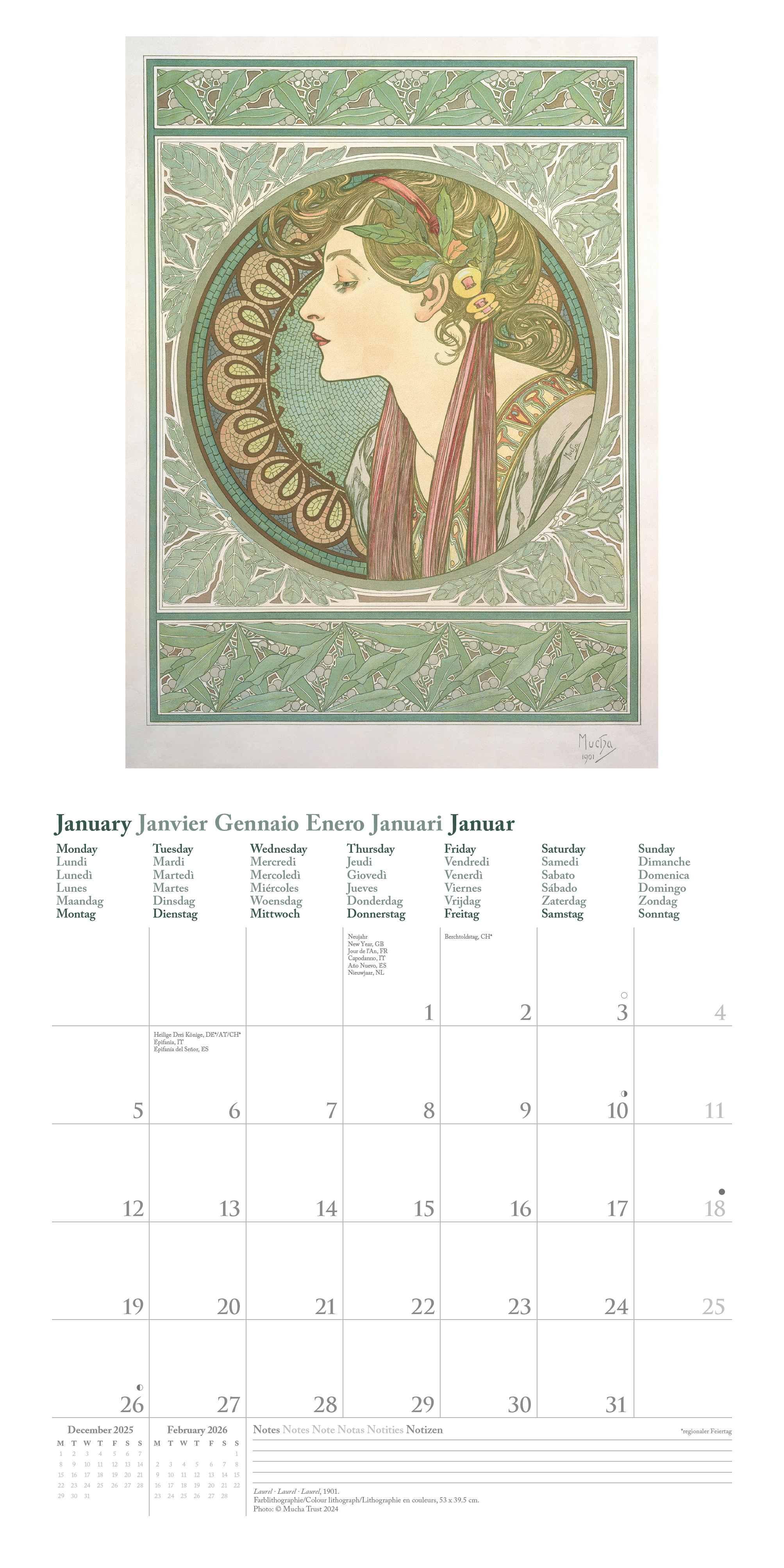 Beispielinhalt (Bild) Mucha 2026 - Wand-Kalender - Broschüren-Kalender - 30x30 -30x60 geöffnet - Kunst-Kalender