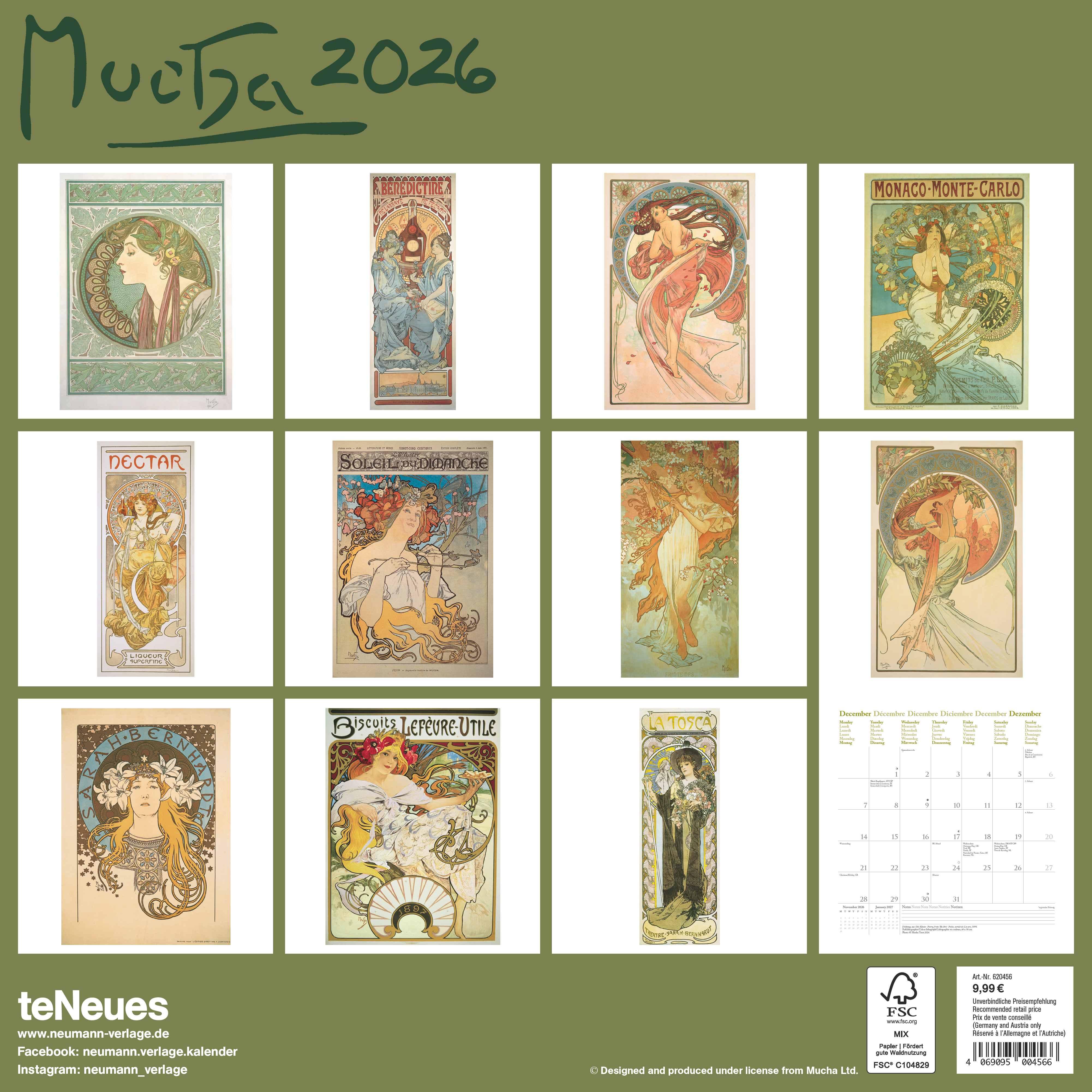 Rückseitencover Mucha 2026 - Wand-Kalender - Broschüren-Kalender - 30x30 -30x60 geöffnet - Kunst-Kalender
