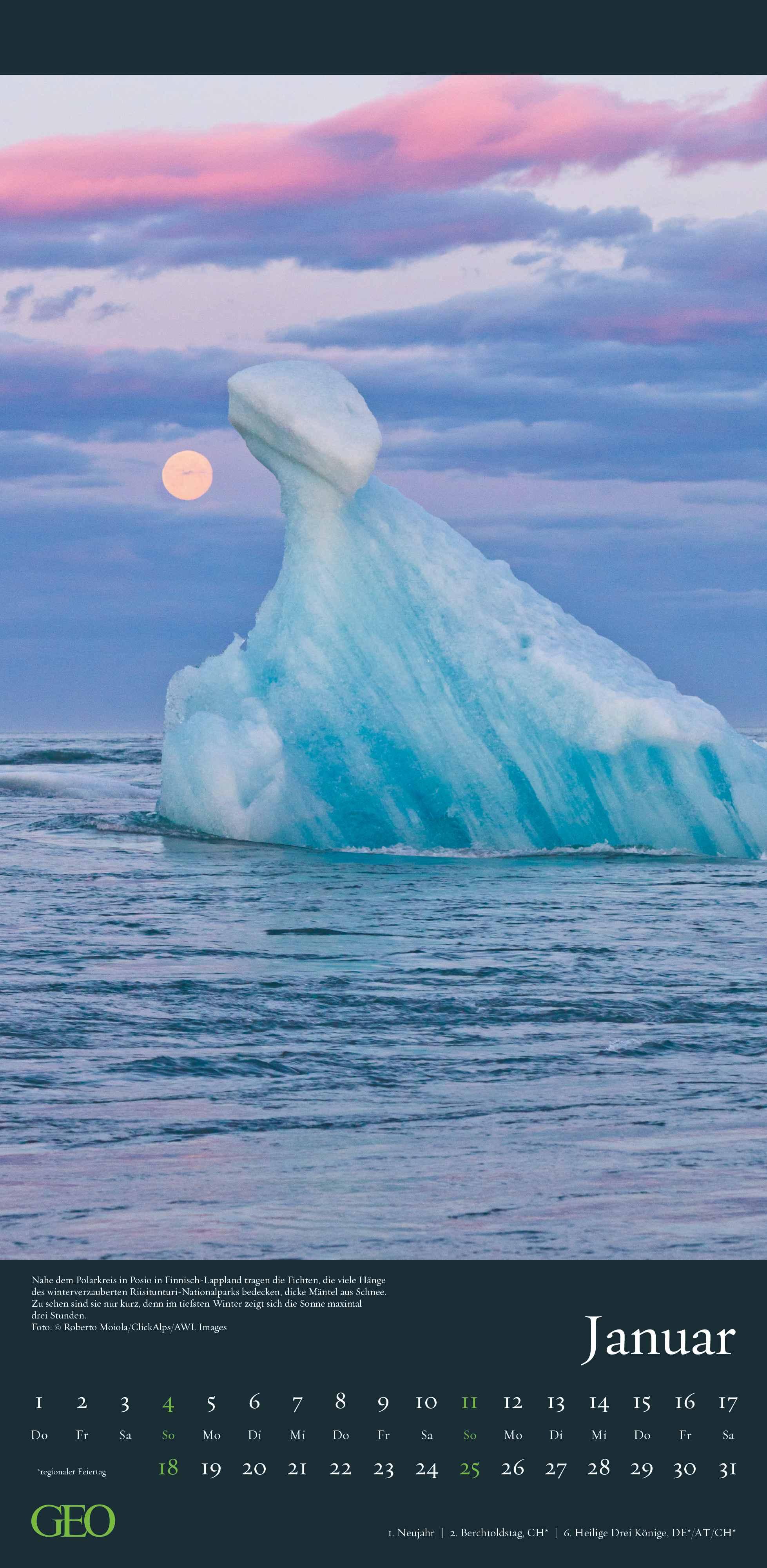 Beispielinhalt (Bild) GEO - Faszination Natur 2026 - Wandkalender 22x45 cm, 12 Monatsblätter mit hochwertigen Naturfotografien, deutsches Kalendarium & Spiralbindung