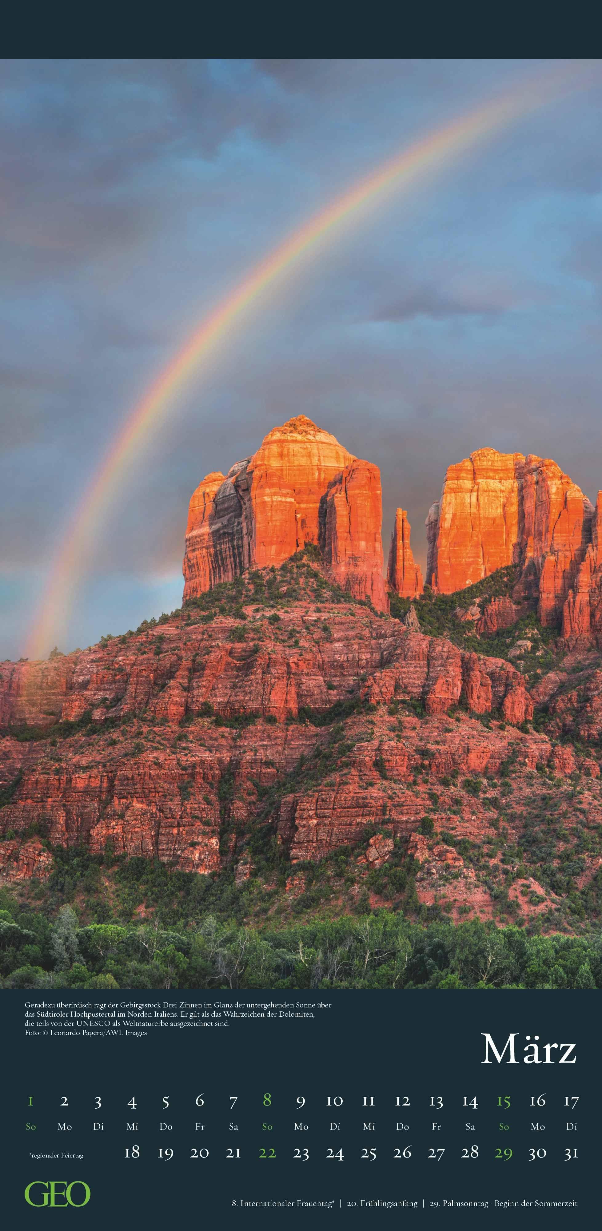 Beispielinhalt (Bild) GEO - Faszination Natur 2026 - Wandkalender 22x45 cm, 12 Monatsblätter mit hochwertigen Naturfotografien, deutsches Kalendarium & Spiralbindung