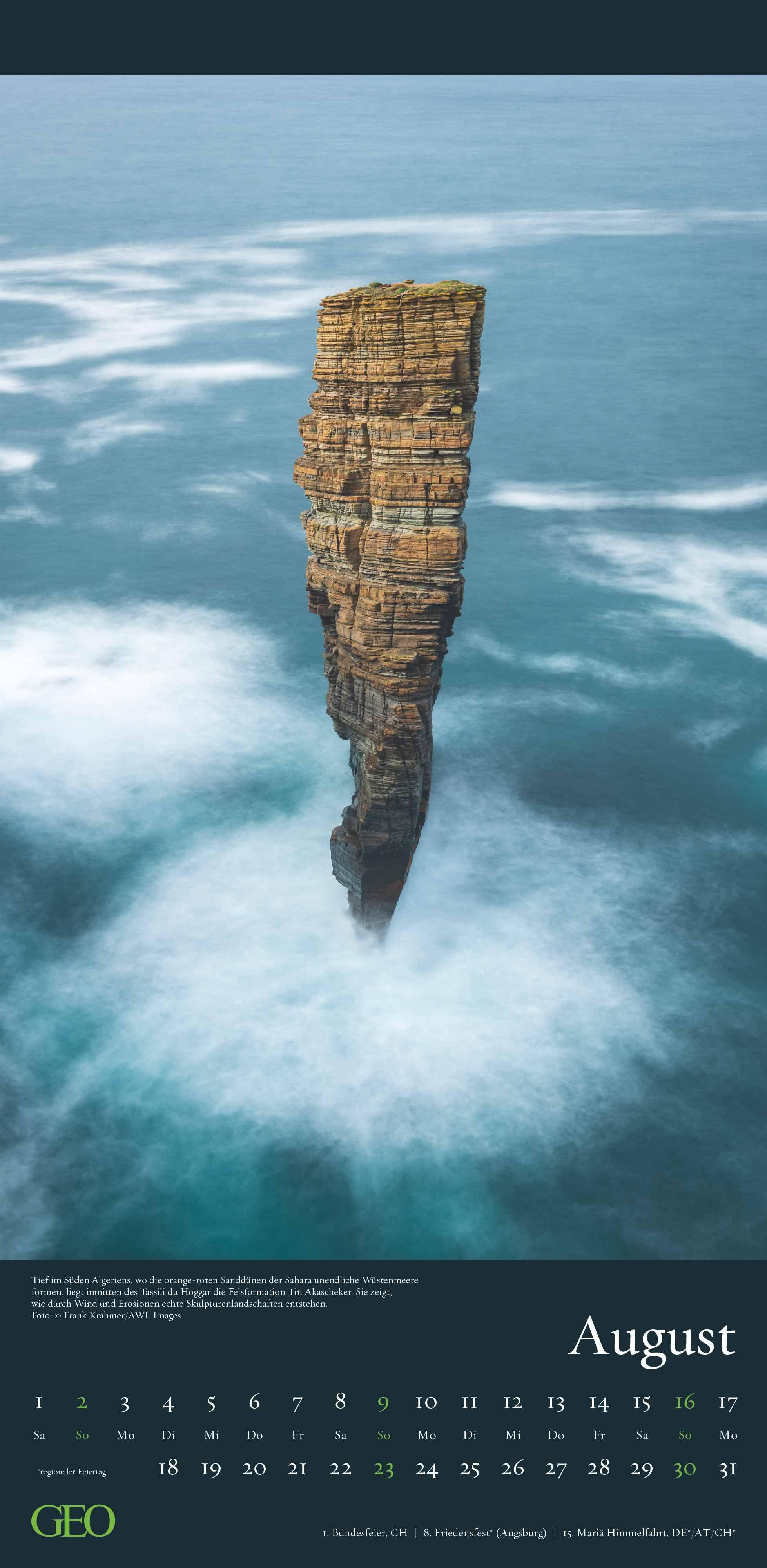 Beispielinhalt (Bild) GEO - Faszination Natur 2026 - Wandkalender 22x45 cm, 12 Monatsblätter mit hochwertigen Naturfotografien, deutsches Kalendarium & Spiralbindung