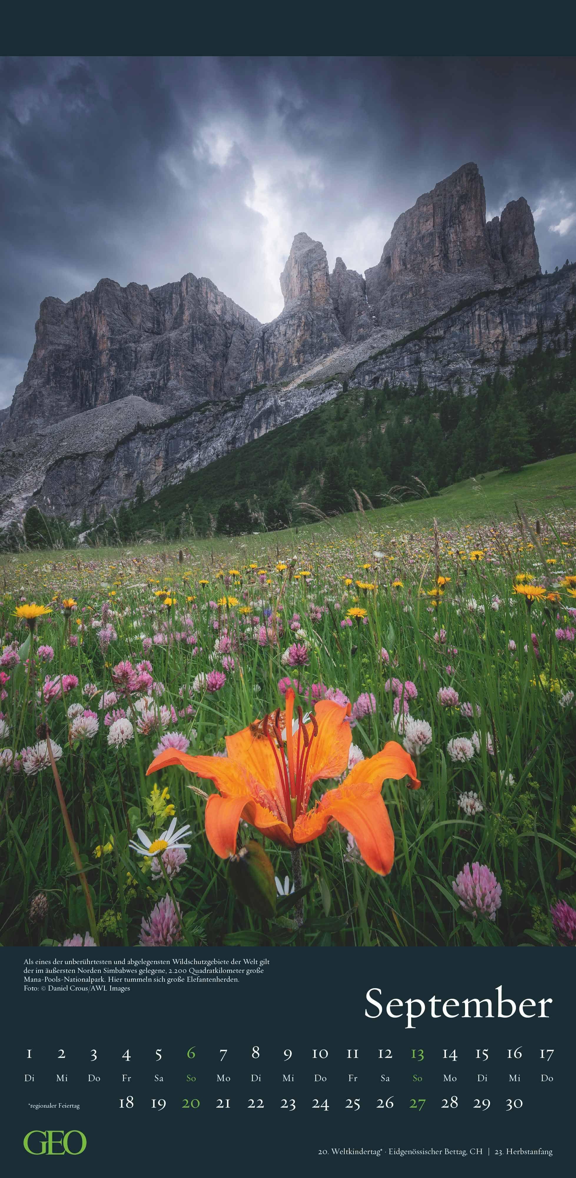 Beispielinhalt (Bild) GEO - Faszination Natur 2026 - Wandkalender 22x45 cm, 12 Monatsblätter mit hochwertigen Naturfotografien, deutsches Kalendarium & Spiralbindung