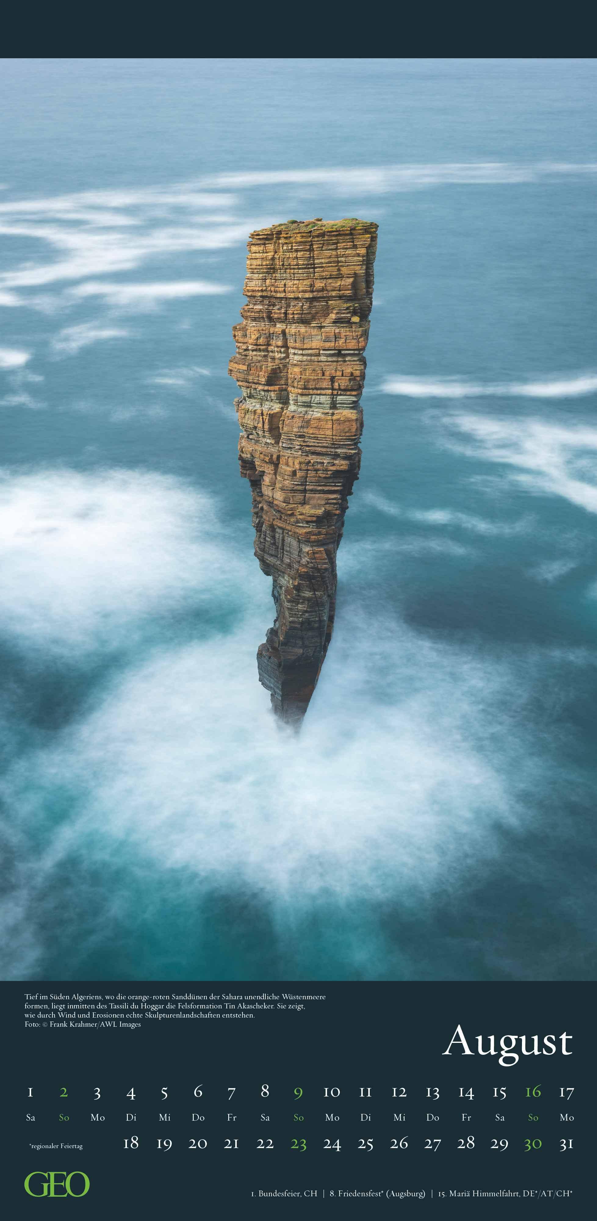 Beispielinhalt (Bild) GEO - Faszination Natur 2026 - Wandkalender 22x45 cm, 12 Monatsblätter mit hochwertigen Naturfotografien, deutsches Kalendarium & Spiralbindung