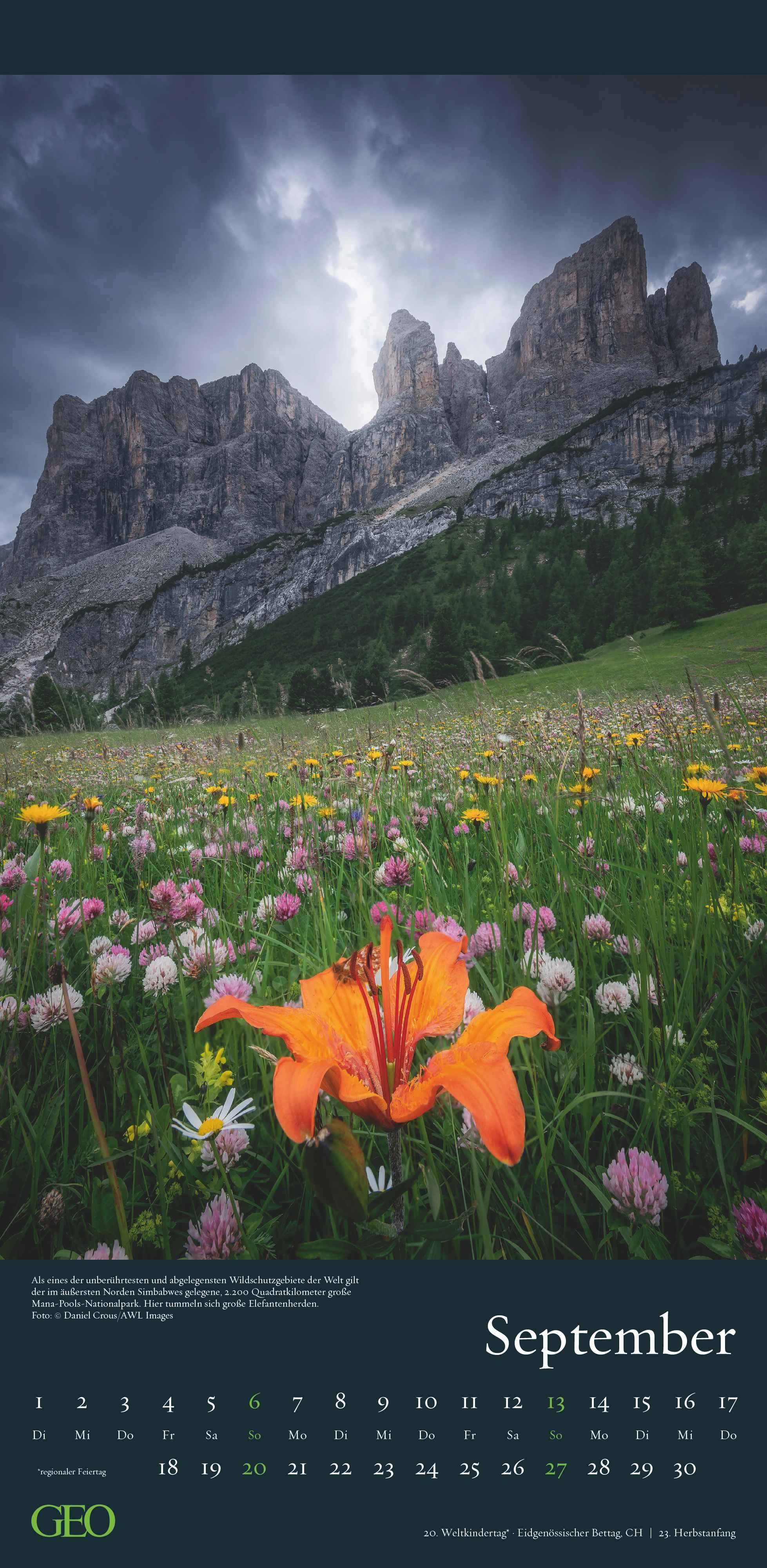 Beispielinhalt (Bild) GEO - Faszination Natur 2026 - Wandkalender 22x45 cm, 12 Monatsblätter mit hochwertigen Naturfotografien, deutsches Kalendarium & Spiralbindung