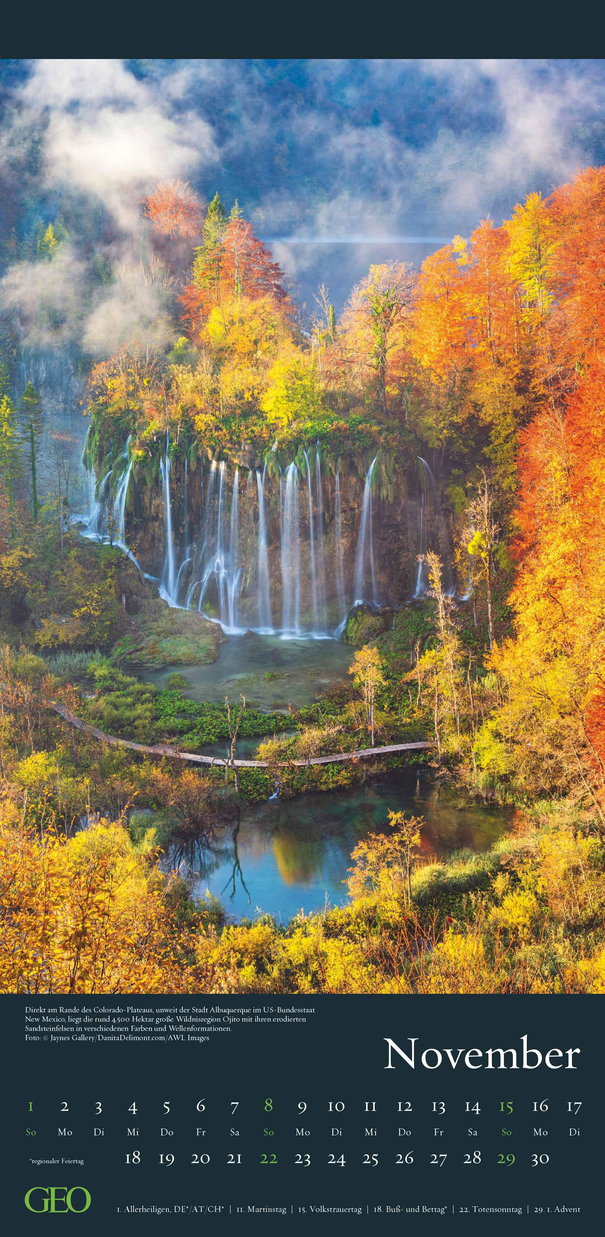 Beispielinhalt (Bild) GEO - Faszination Natur 2026 - Wandkalender 22x45 cm, 12 Monatsblätter mit hochwertigen Naturfotografien, deutsches Kalendarium & Spiralbindung