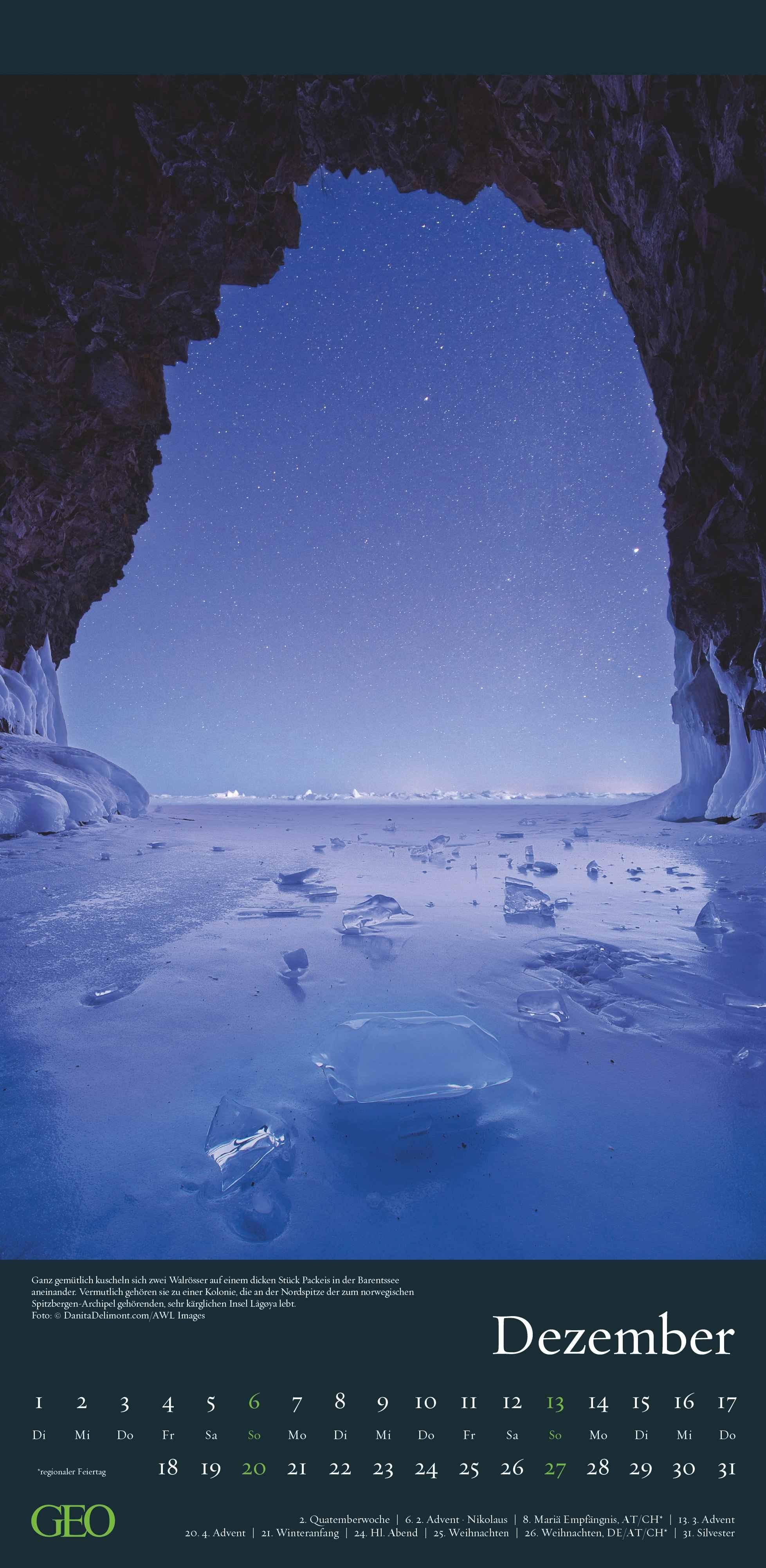 Beispielinhalt (Bild) GEO - Faszination Natur 2026 - Wandkalender 22x45 cm, 12 Monatsblätter mit hochwertigen Naturfotografien, deutsches Kalendarium & Spiralbindung