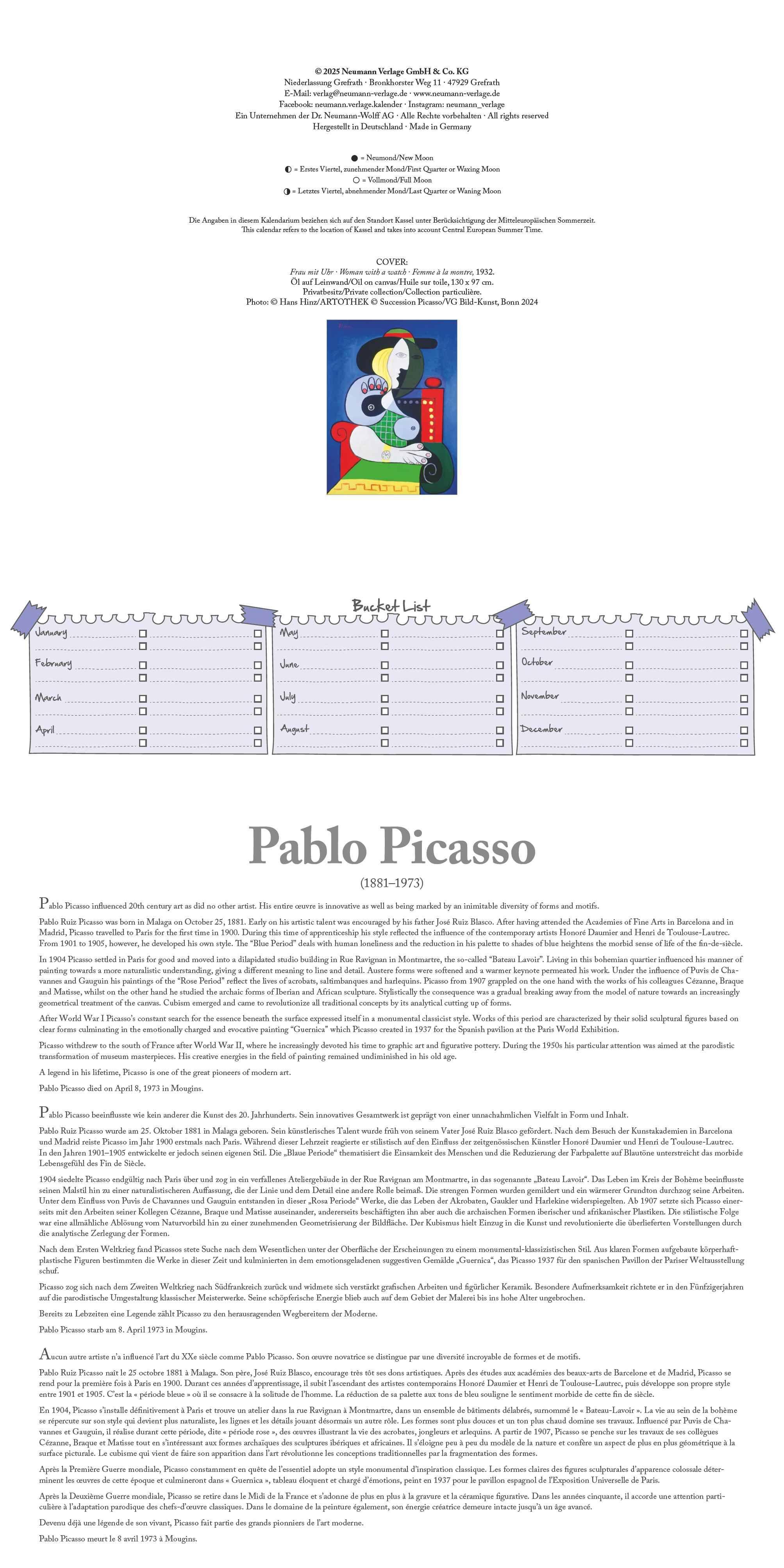 Beispielinhalt (Bild) Picasso 2026 - Wand-Kalender - Broschüren-Kalender - 30x30 - 30x60 geöffnet - Kunst-Kalender