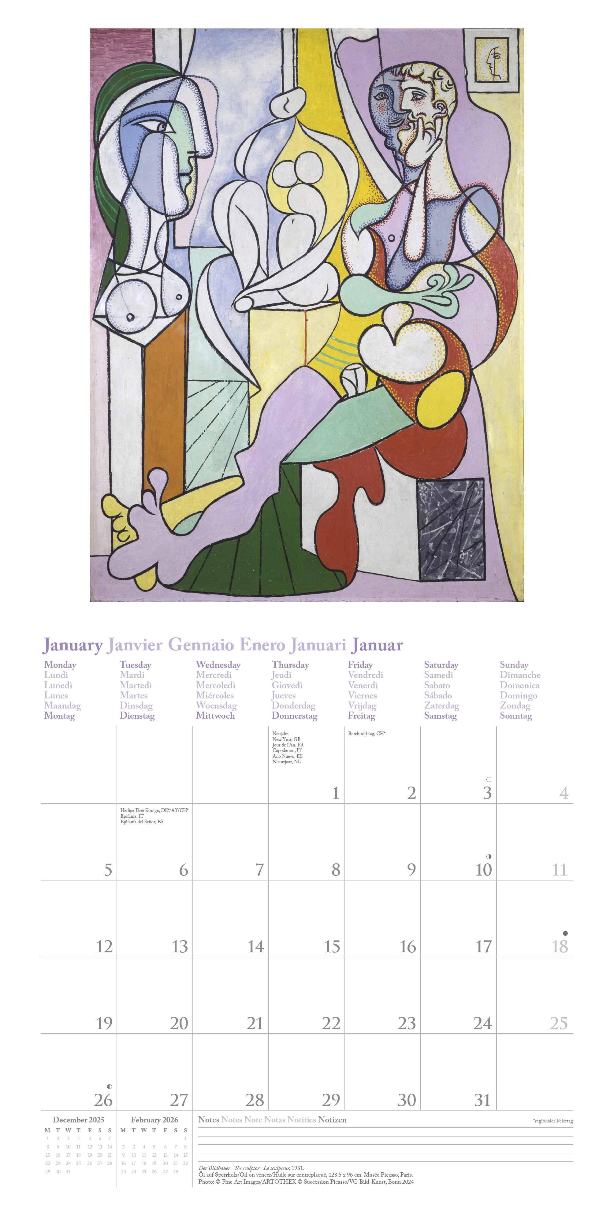 Beispielinhalt (Bild) Picasso 2026 - Wand-Kalender - Broschüren-Kalender - 30x30 - 30x60 geöffnet - Kunst-Kalender