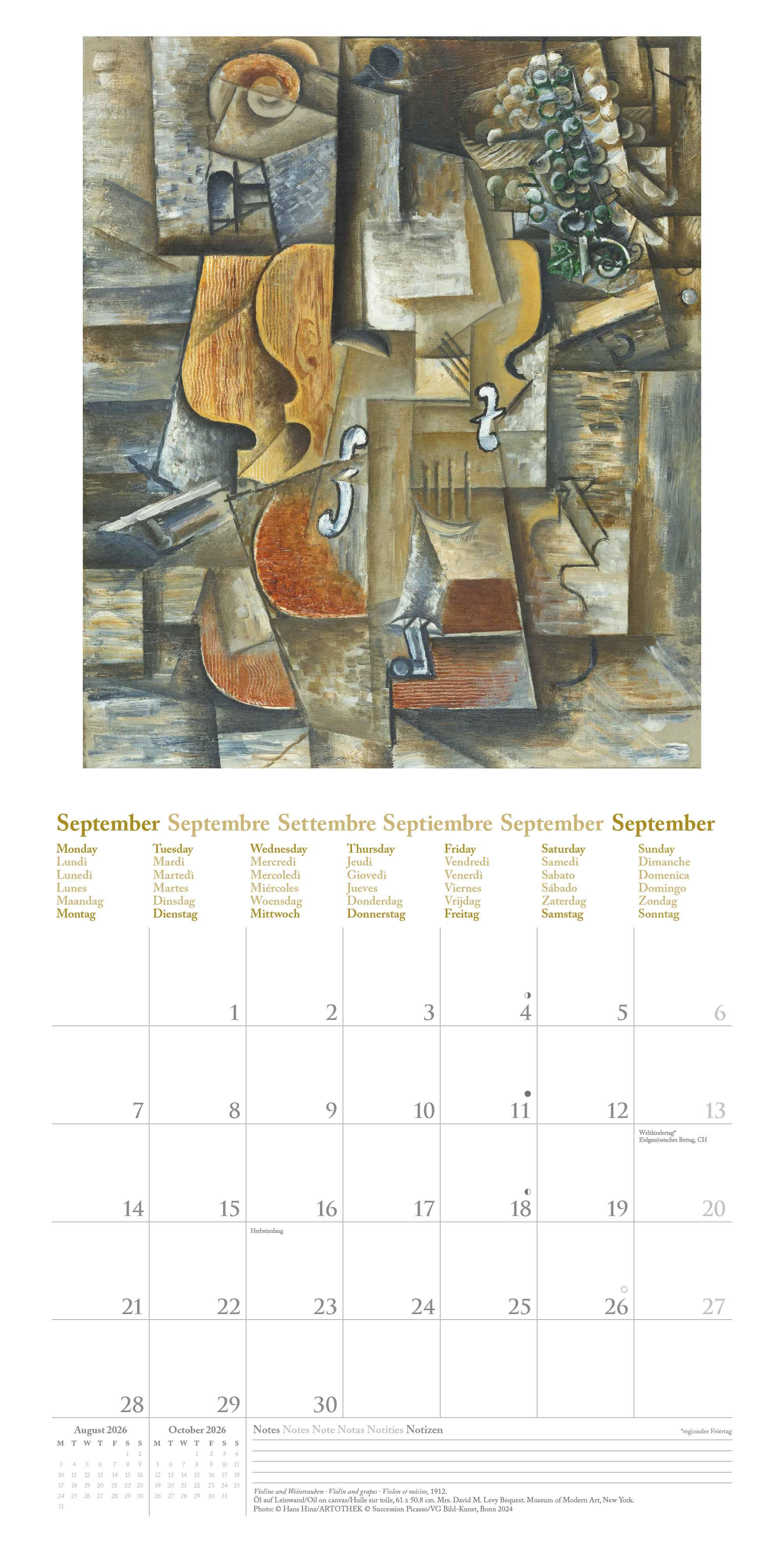 Beispielinhalt (Bild) Picasso 2026 - Wand-Kalender - Broschüren-Kalender - 30x30 - 30x60 geöffnet - Kunst-Kalender