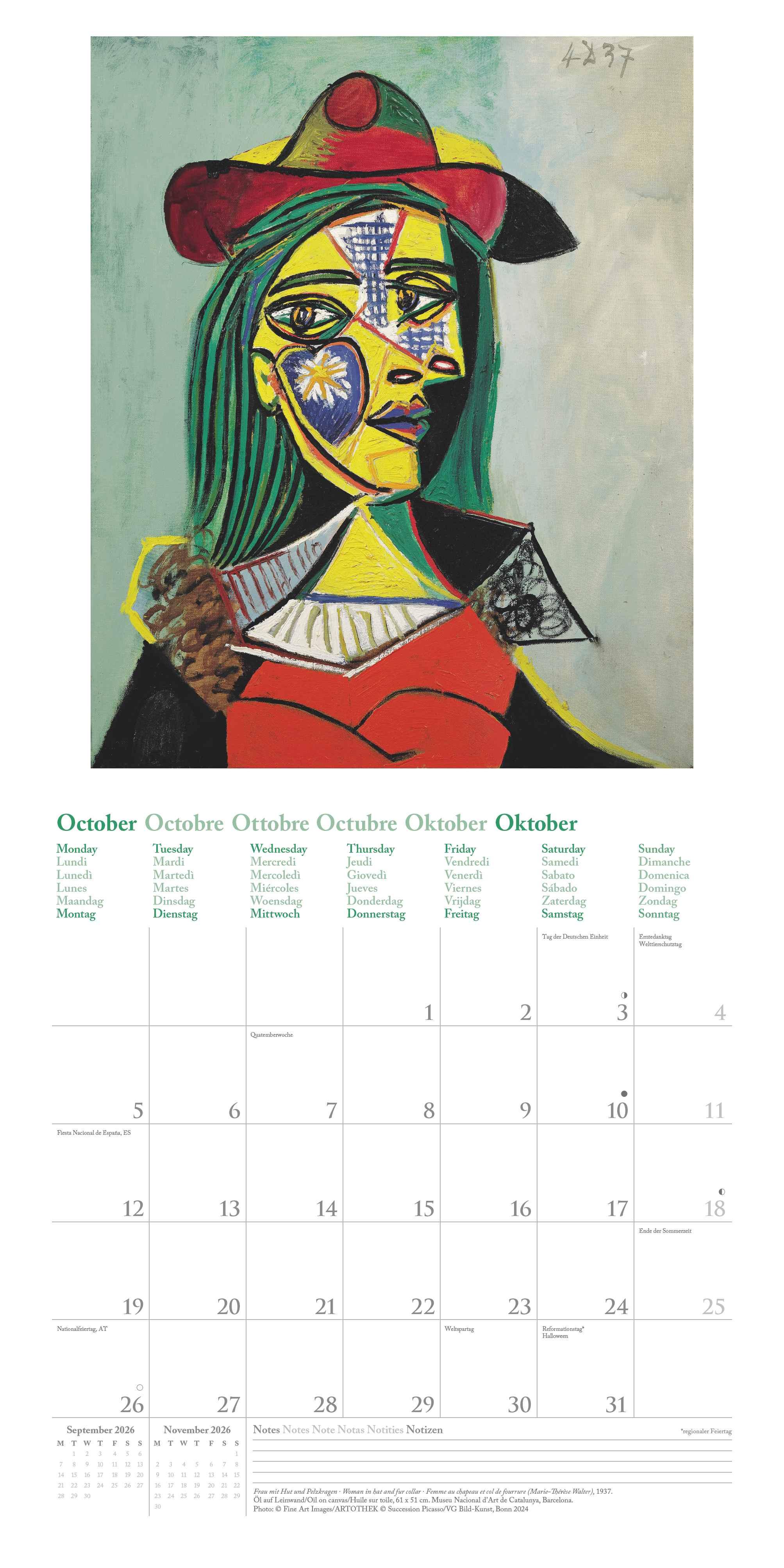 Beispielinhalt (Bild) Picasso 2026 - Wand-Kalender - Broschüren-Kalender - 30x30 - 30x60 geöffnet - Kunst-Kalender