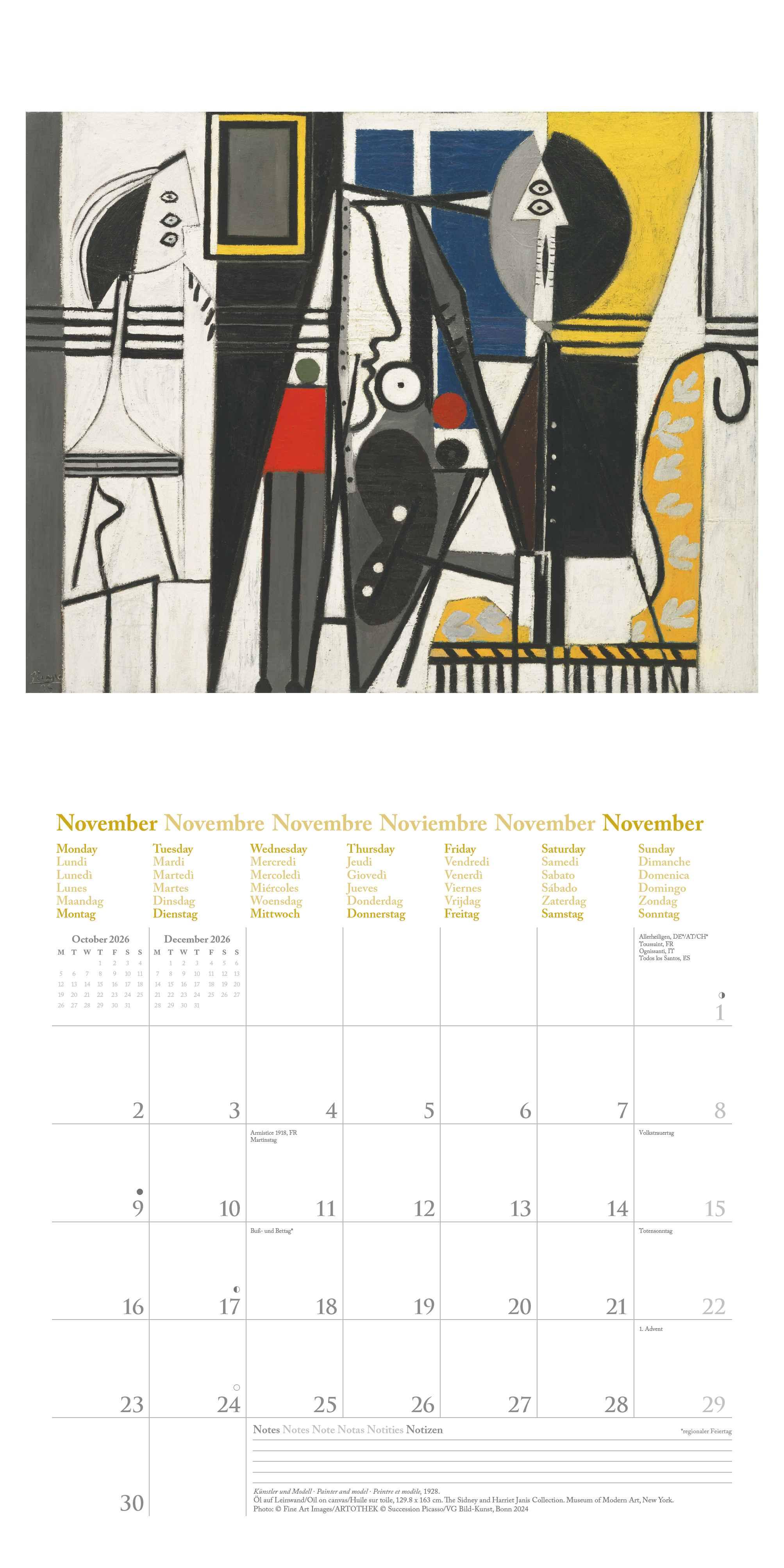 Beispielinhalt (Bild) Picasso 2026 - Wand-Kalender - Broschüren-Kalender - 30x30 - 30x60 geöffnet - Kunst-Kalender
