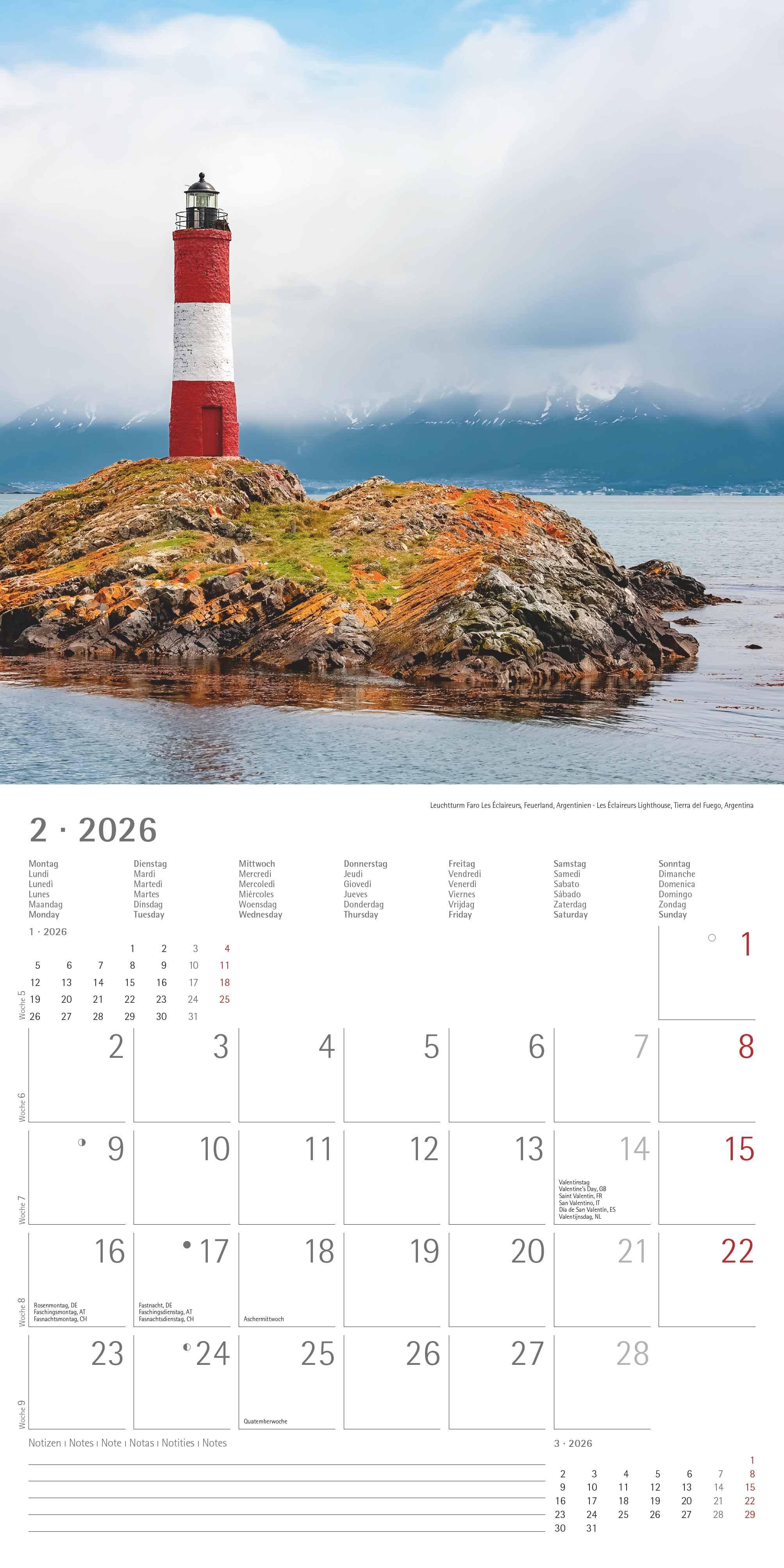 Beispielinhalt (Bild) Leuchttürme 2026 - Broschürenkalender 30x30 cm (30x60 geöffnet) - Kalender mit Platz für Notizen - Wandkalender - Wandplaner - Leuchtturmkalender