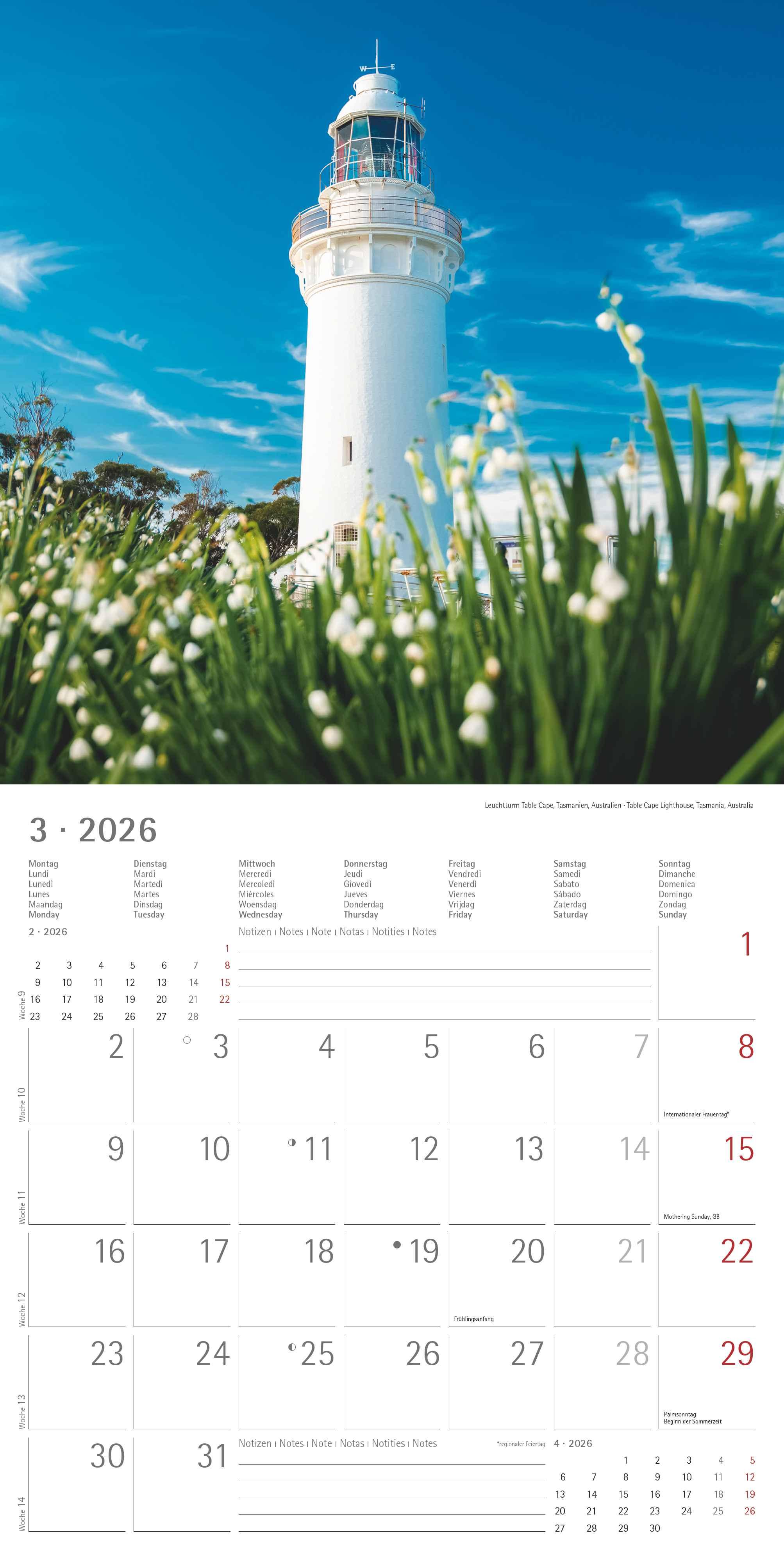 Beispielinhalt (Bild) Leuchttürme 2026 - Broschürenkalender 30x30 cm (30x60 geöffnet) - Kalender mit Platz für Notizen - Wandkalender - Wandplaner - Leuchtturmkalender