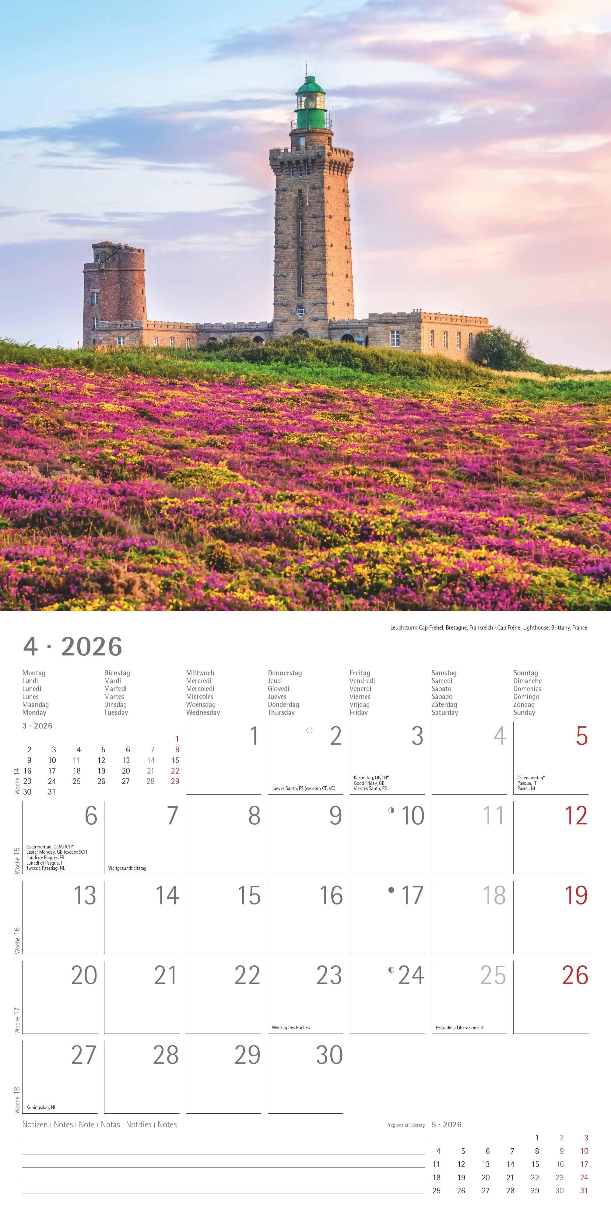 Beispielinhalt (Bild) Leuchttürme 2026 - Broschürenkalender 30x30 cm (30x60 geöffnet) - Kalender mit Platz für Notizen - Wandkalender - Wandplaner - Leuchtturmkalender