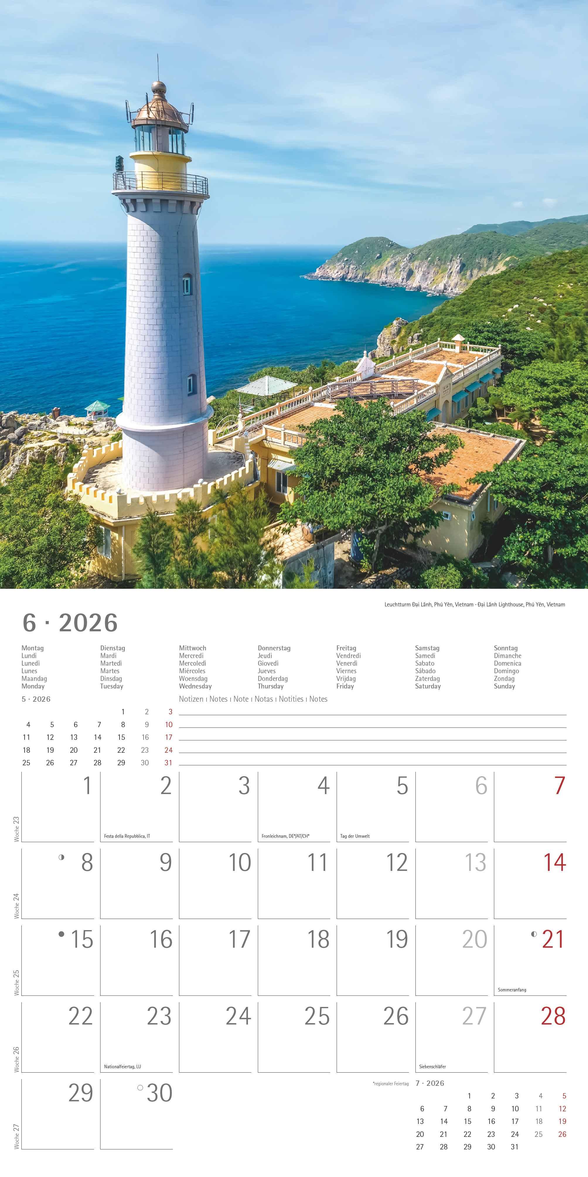 Beispielinhalt (Bild) Leuchttürme 2026 - Broschürenkalender 30x30 cm (30x60 geöffnet) - Kalender mit Platz für Notizen - Wandkalender - Wandplaner - Leuchtturmkalender