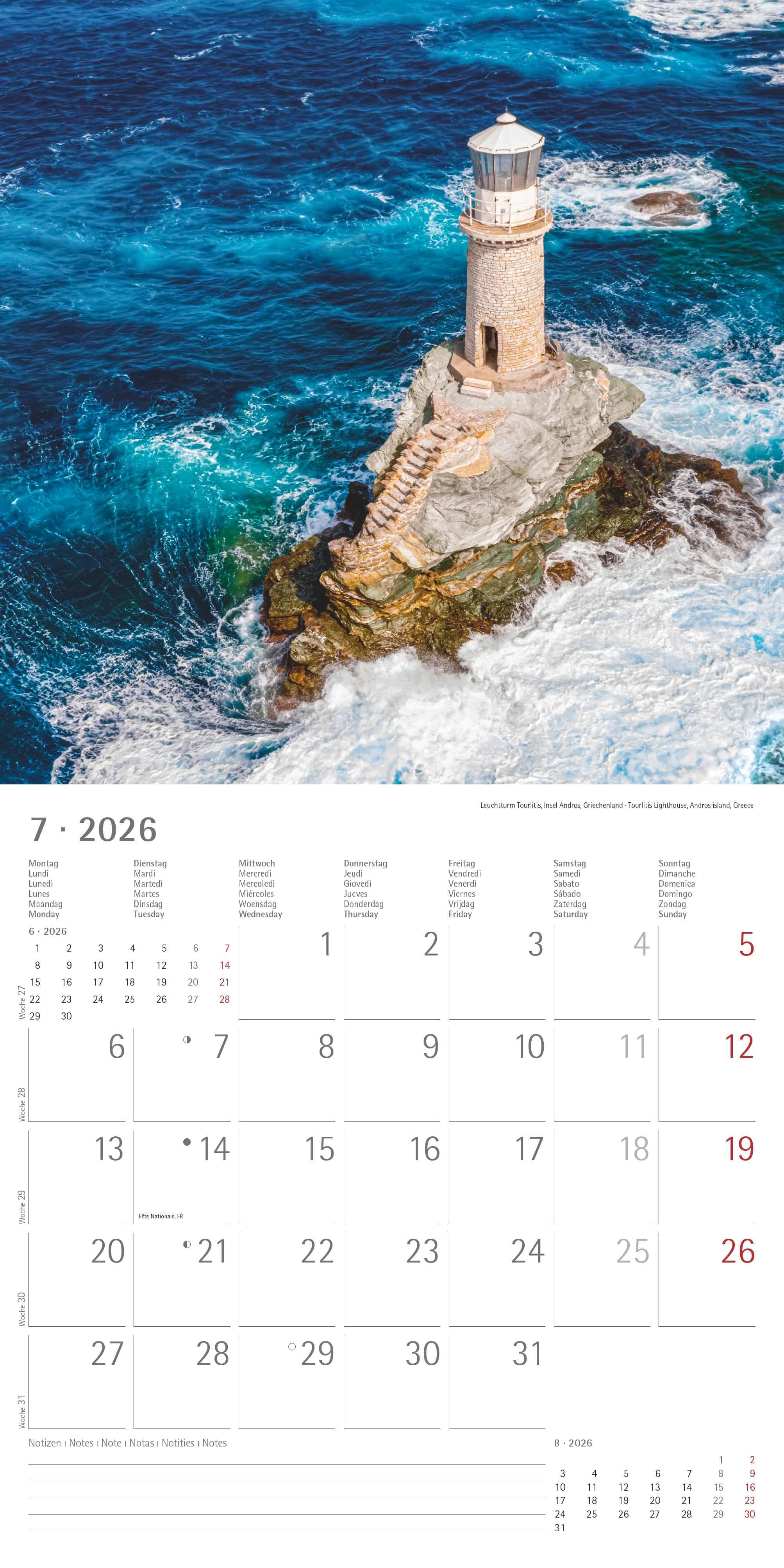 Beispielinhalt (Bild) Leuchttürme 2026 - Broschürenkalender 30x30 cm (30x60 geöffnet) - Kalender mit Platz für Notizen - Wandkalender - Wandplaner - Leuchtturmkalender