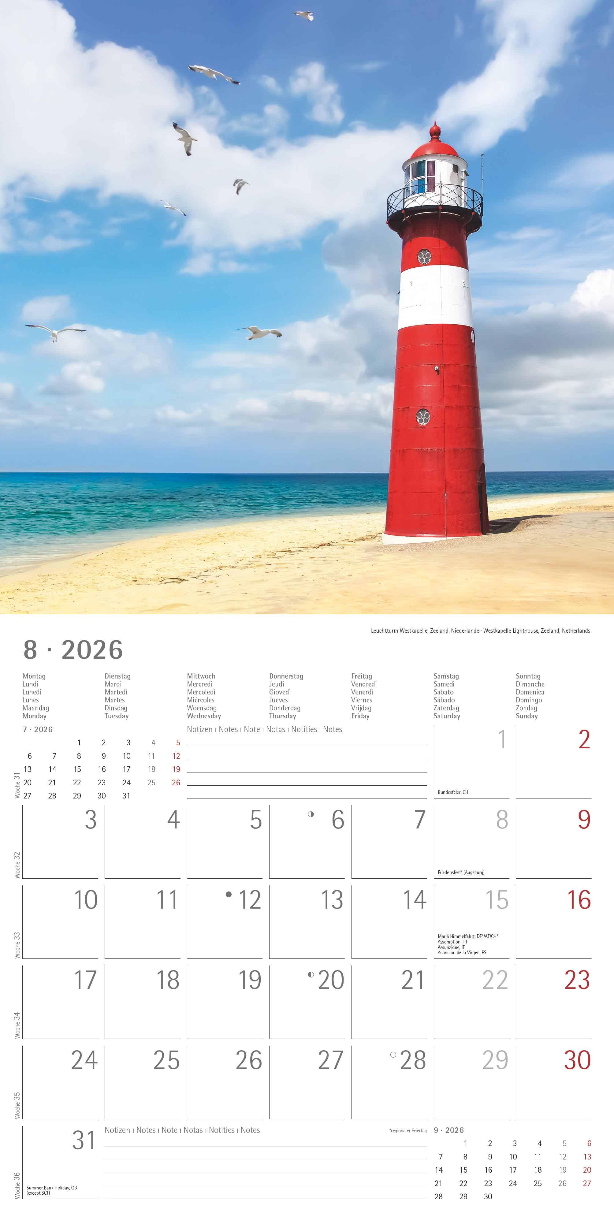 Beispielinhalt (Bild) Leuchttürme 2026 - Broschürenkalender 30x30 cm (30x60 geöffnet) - Kalender mit Platz für Notizen - Wandkalender - Wandplaner - Leuchtturmkalender