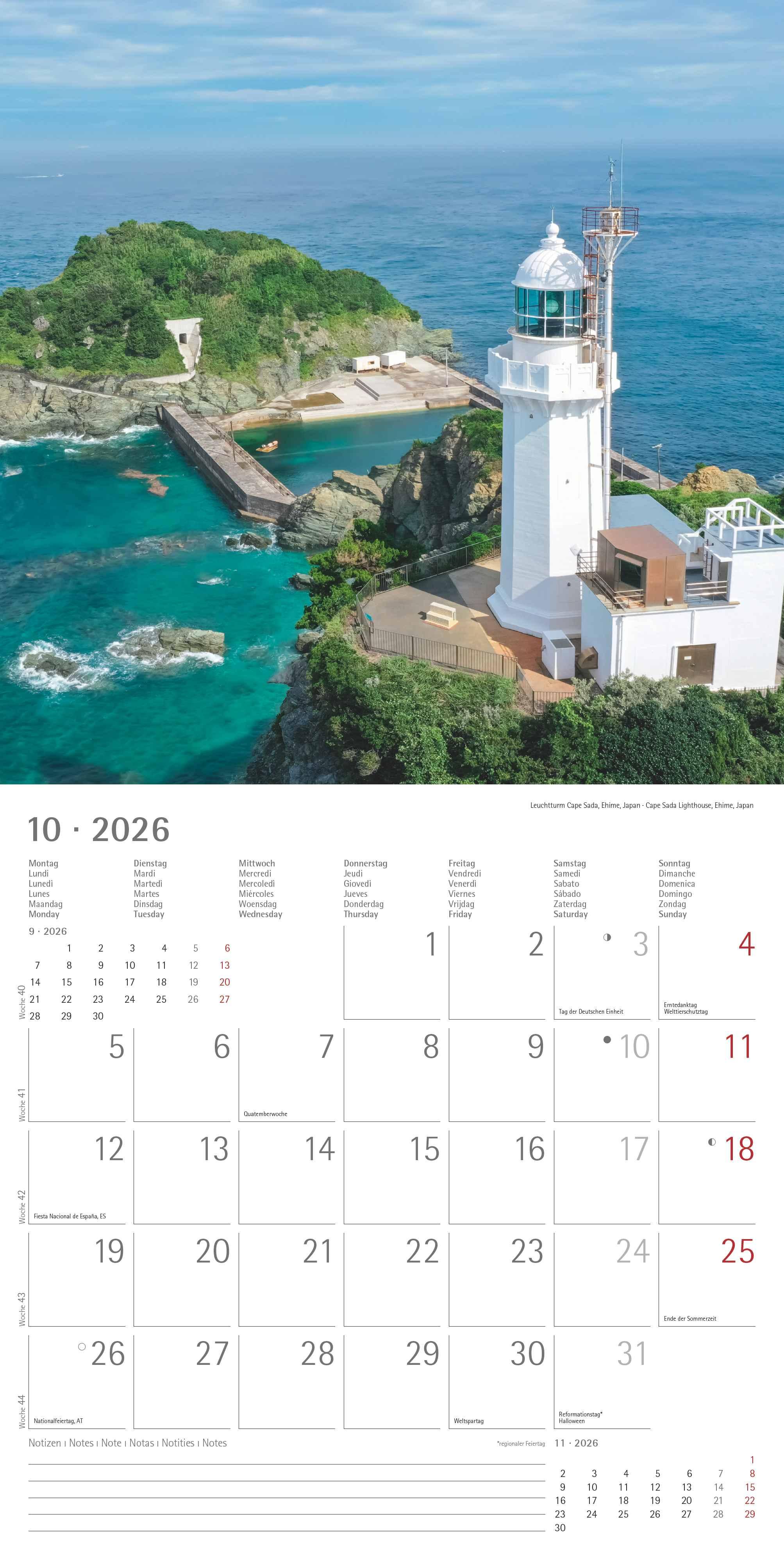 Beispielinhalt (Bild) Leuchttürme 2026 - Broschürenkalender 30x30 cm (30x60 geöffnet) - Kalender mit Platz für Notizen - Wandkalender - Wandplaner - Leuchtturmkalender
