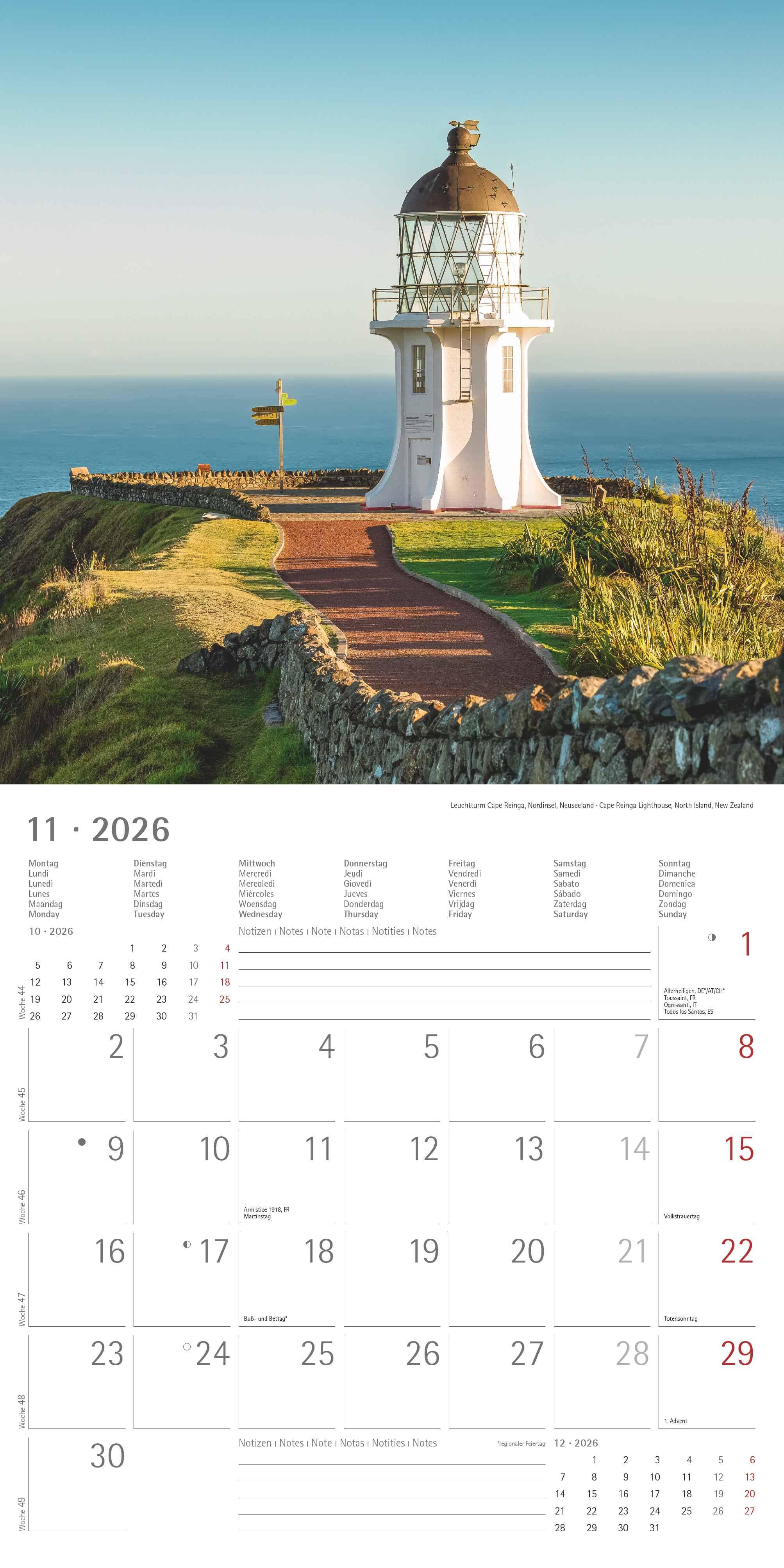 Beispielinhalt (Bild) Leuchttürme 2026 - Broschürenkalender 30x30 cm (30x60 geöffnet) - Kalender mit Platz für Notizen - Wandkalender - Wandplaner - Leuchtturmkalender