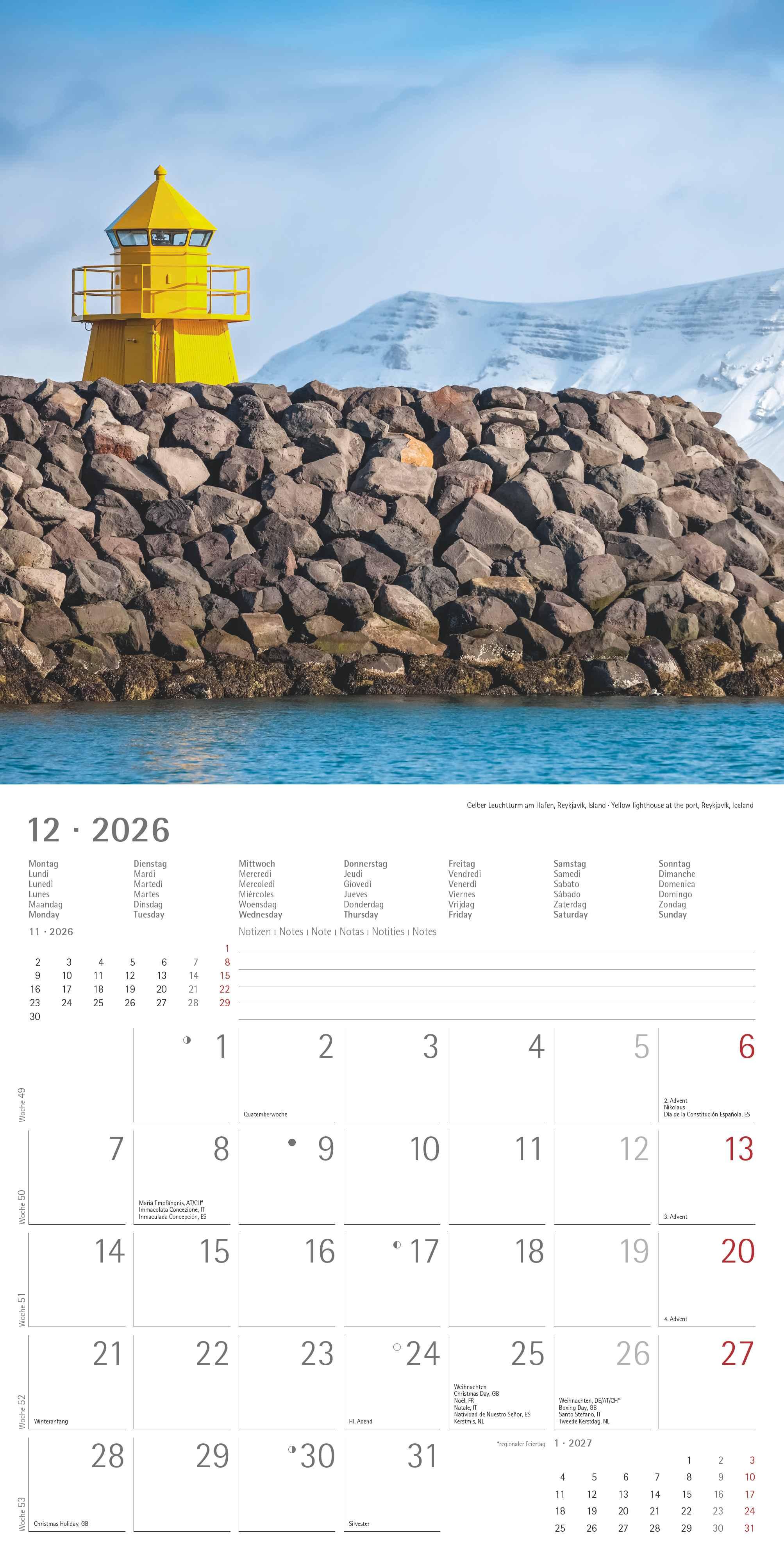 Beispielinhalt (Bild) Leuchttürme 2026 - Broschürenkalender 30x30 cm (30x60 geöffnet) - Kalender mit Platz für Notizen - Wandkalender - Wandplaner - Leuchtturmkalender