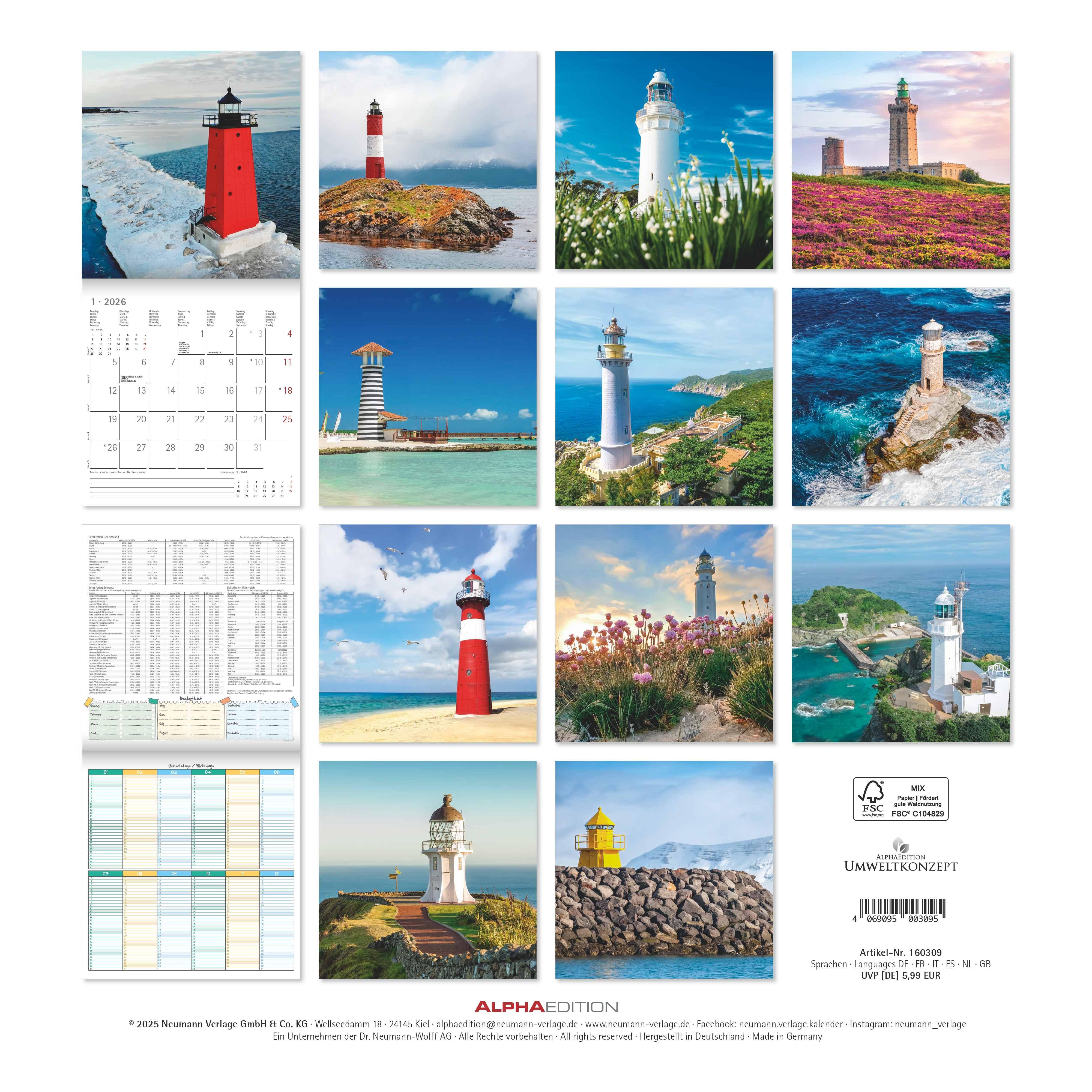 Rückseitencover Leuchttürme 2026 - Broschürenkalender 30x30 cm (30x60 geöffnet) - Kalender mit Platz für Notizen - Wandkalender - Wandplaner - Leuchtturmkalender