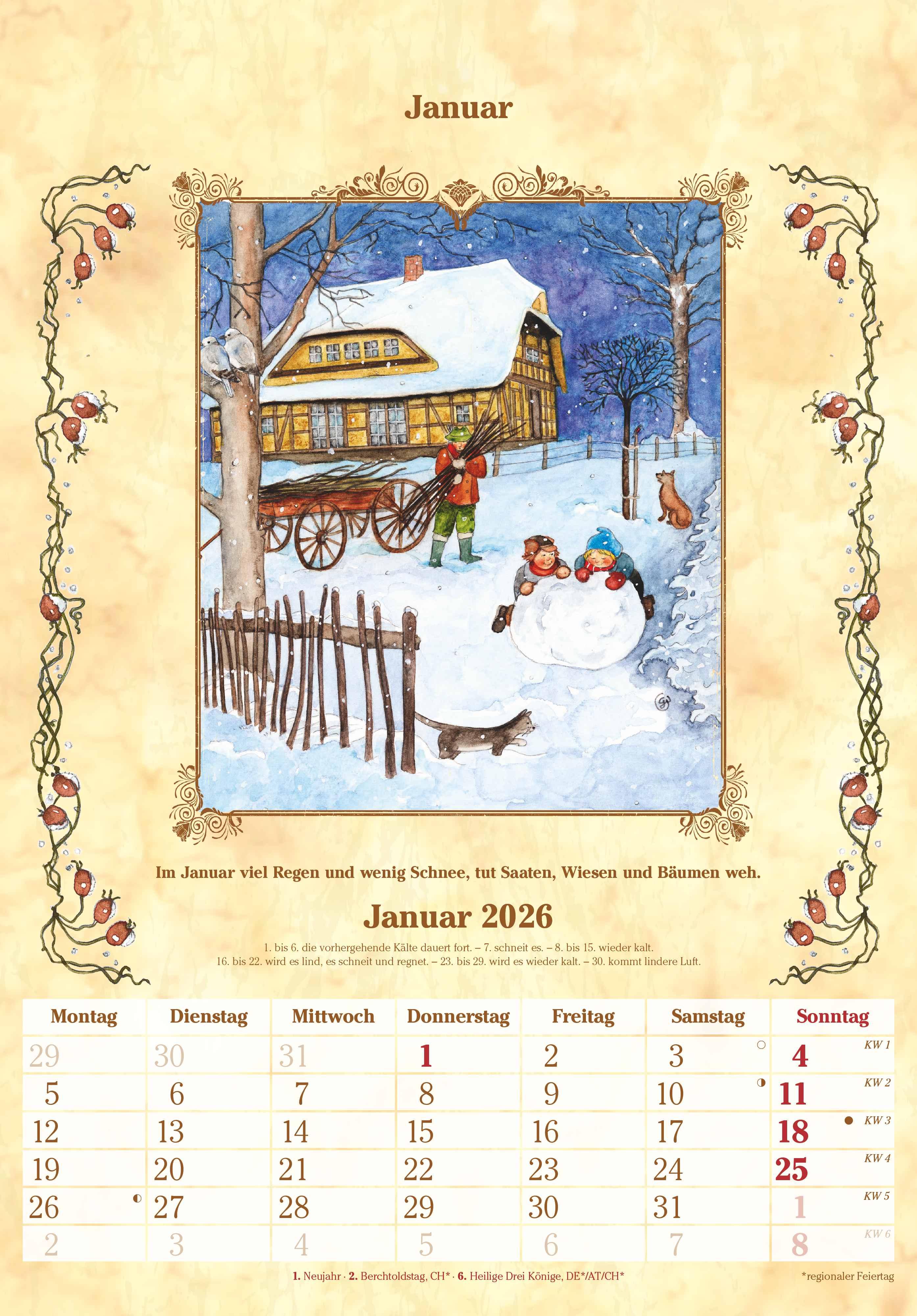 Beispielinhalt (Bild) Bauernkalender 2026 - Bildkalender 23,7x34 cm - mit Wetterprognosen, Bauernregeln und liebevollen Illustrationen - Wandkalender - Alpha Edition